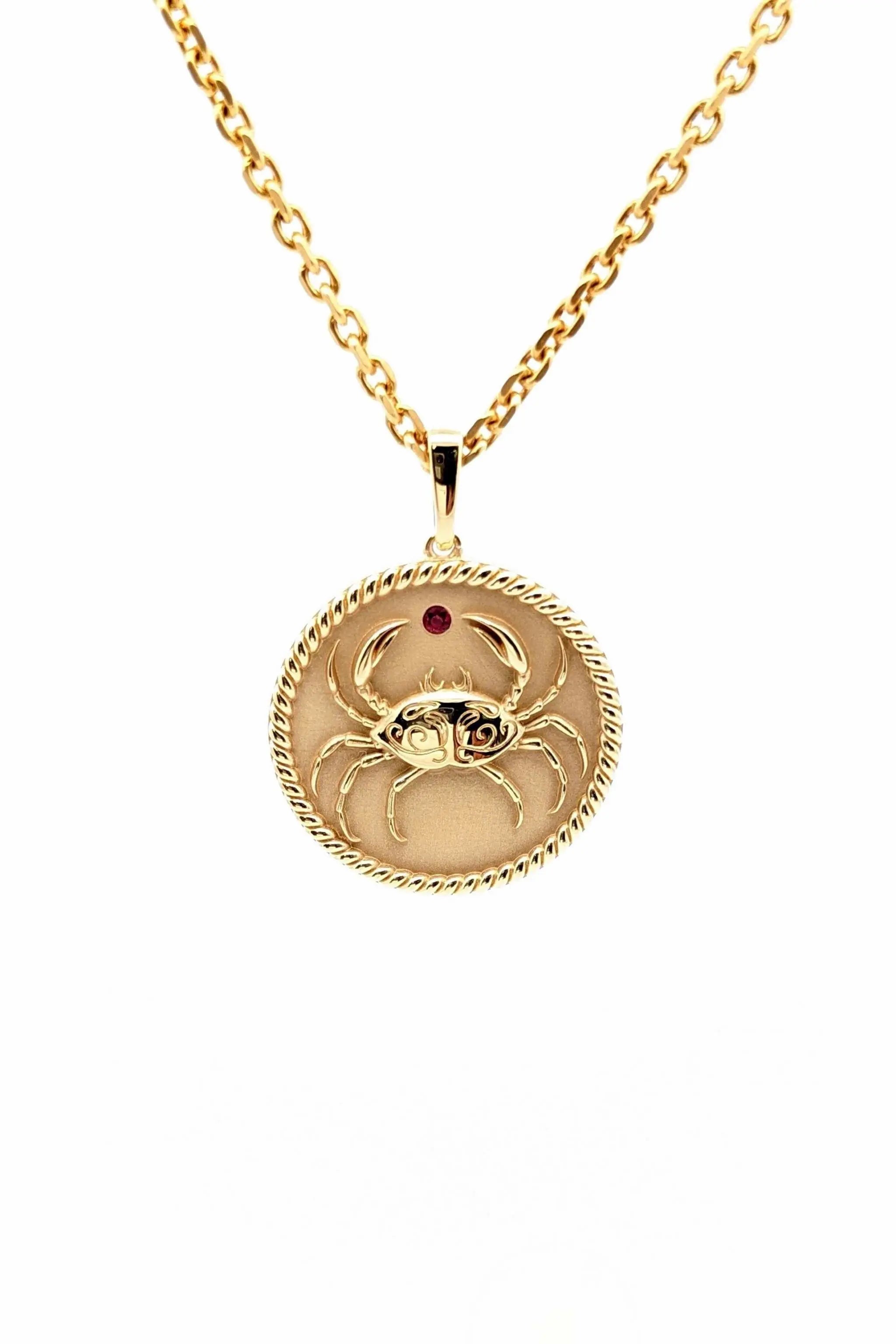 18K gold Zodiac Medallion with birthstone and polished rope border on 16-inch cable chain