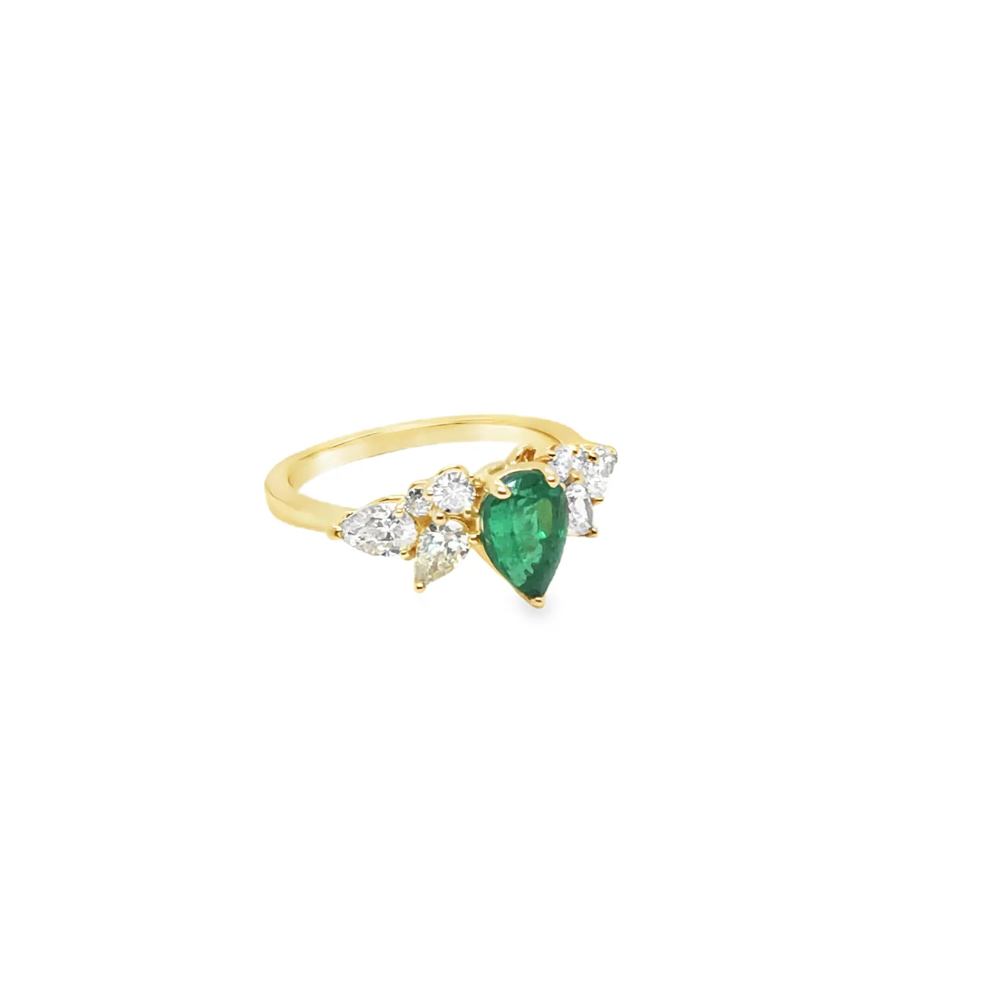 Eliana Engagement ring with 1.2 carat pear-shaped emerald and halo of GH VS1 diamonds in 18k yellow gold