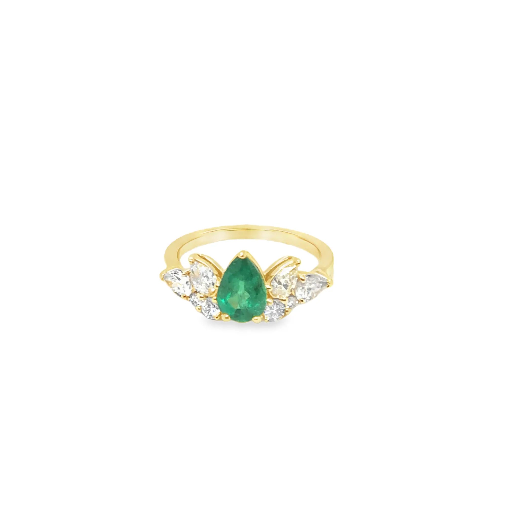 Eliana Engagement ring in 18k yellow gold with pear-shaped 1.2 carat emerald and halo of GH VS1 diamonds