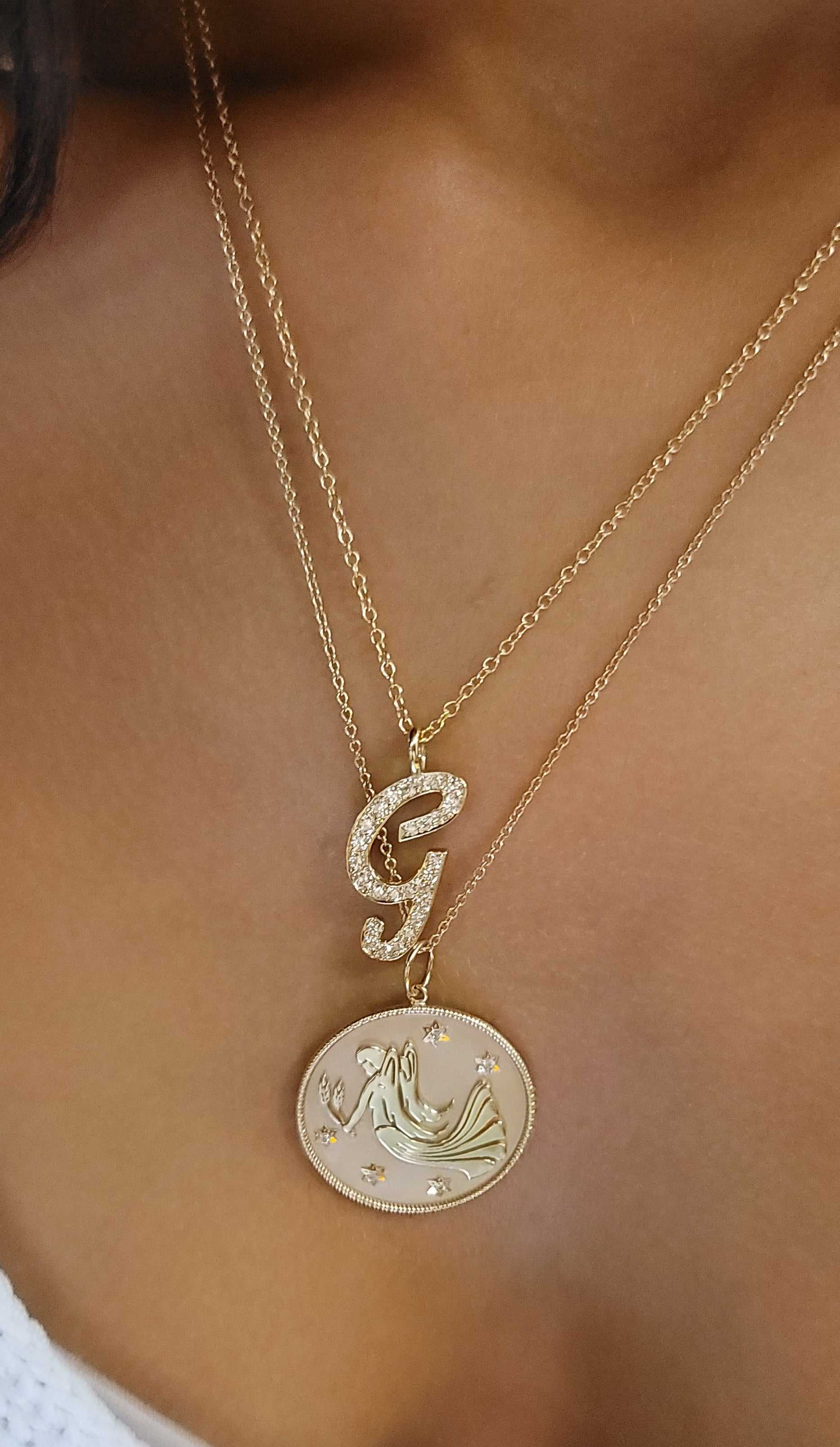 Elegant Diamond Initial Necklace in 18K gold with pavé diamonds on adjustable gold chain