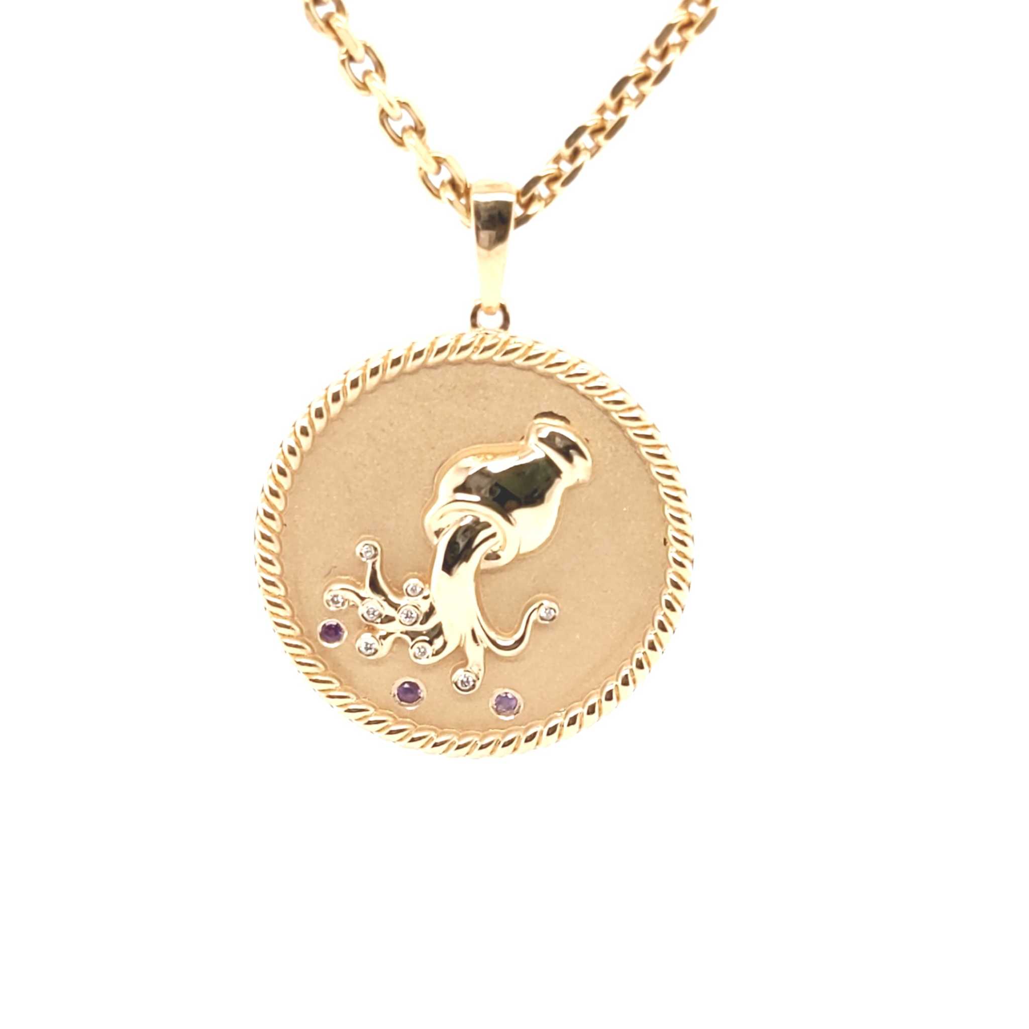 18K gold Zodiac Medallion with birthstone and rope border on 16-inch chain