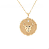 18K gold Zodiac Medallion necklace with birthstone and polished rope border on 18-inch cable chain