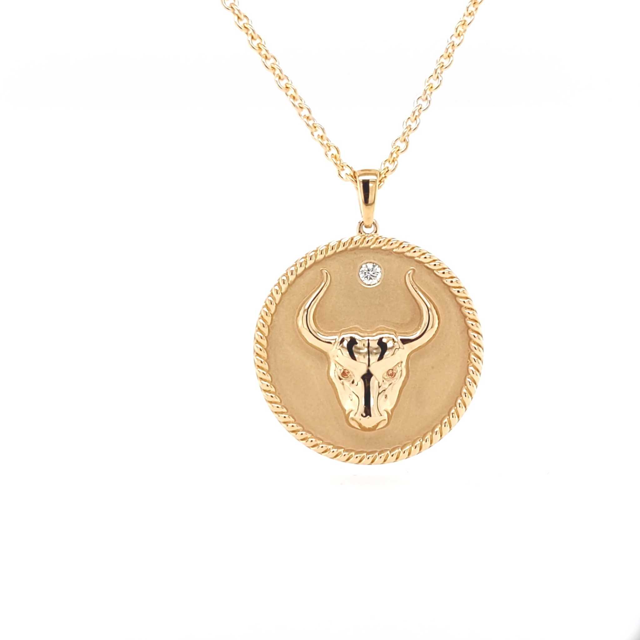 18K gold Zodiac Medallion necklace with birthstone and polished rope border on 18-inch cable chain