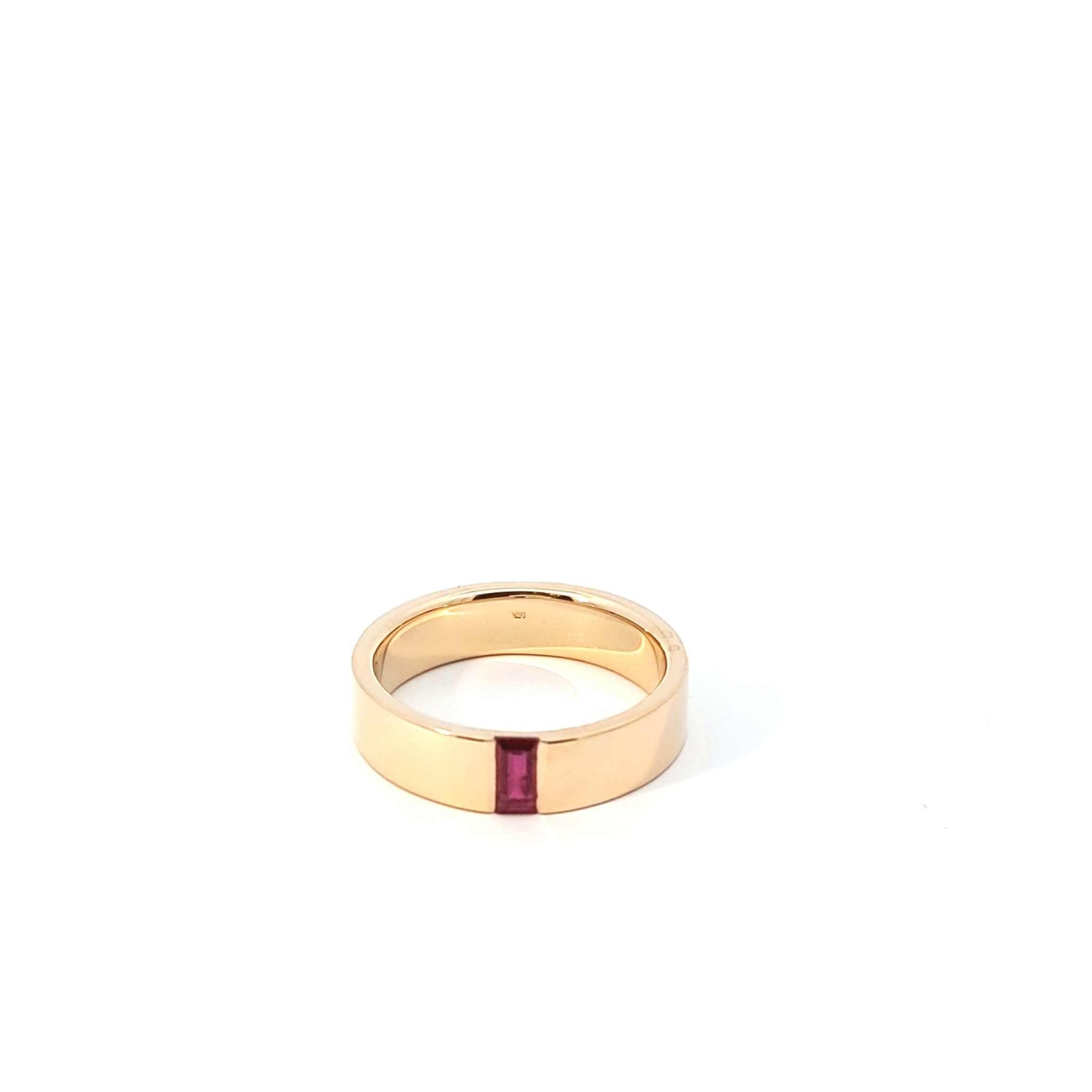 18K yellow gold Amory Band wedding ring with 0.47-carat channel-set baguette ruby, 6mm wide elegant design