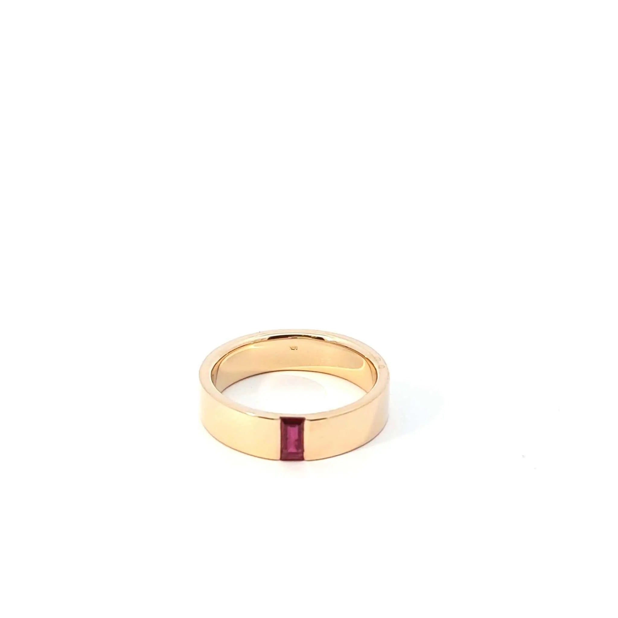 18K yellow gold Amory Band wedding ring with 0.47-carat channel-set baguette ruby, 6mm wide elegant design