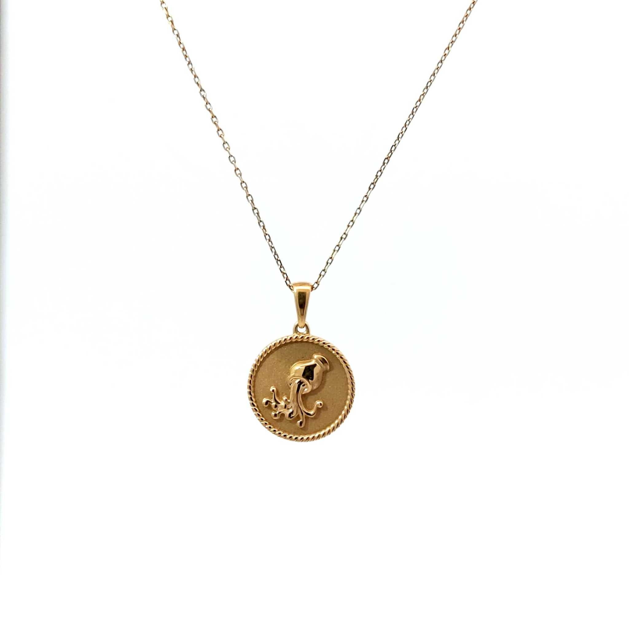 18K gold Zodiac Mini Medallion necklace with polished rope border and sandblasted background on 18-inch cable chain