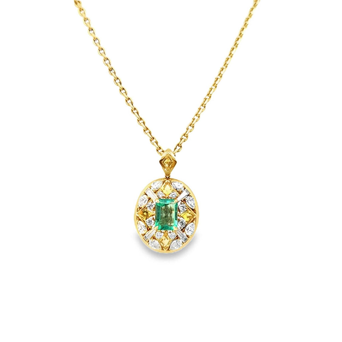 Zia Necklace with 1.59-carat emerald, yellow sapphires, diamonds, and 18K yellow gold chain