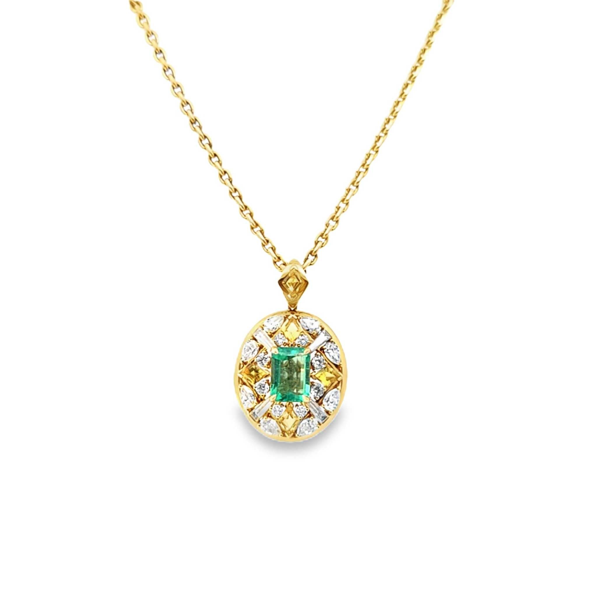 Zia Necklace with 1.59-carat emerald, yellow sapphires, VS diamonds, and 18K yellow gold chain