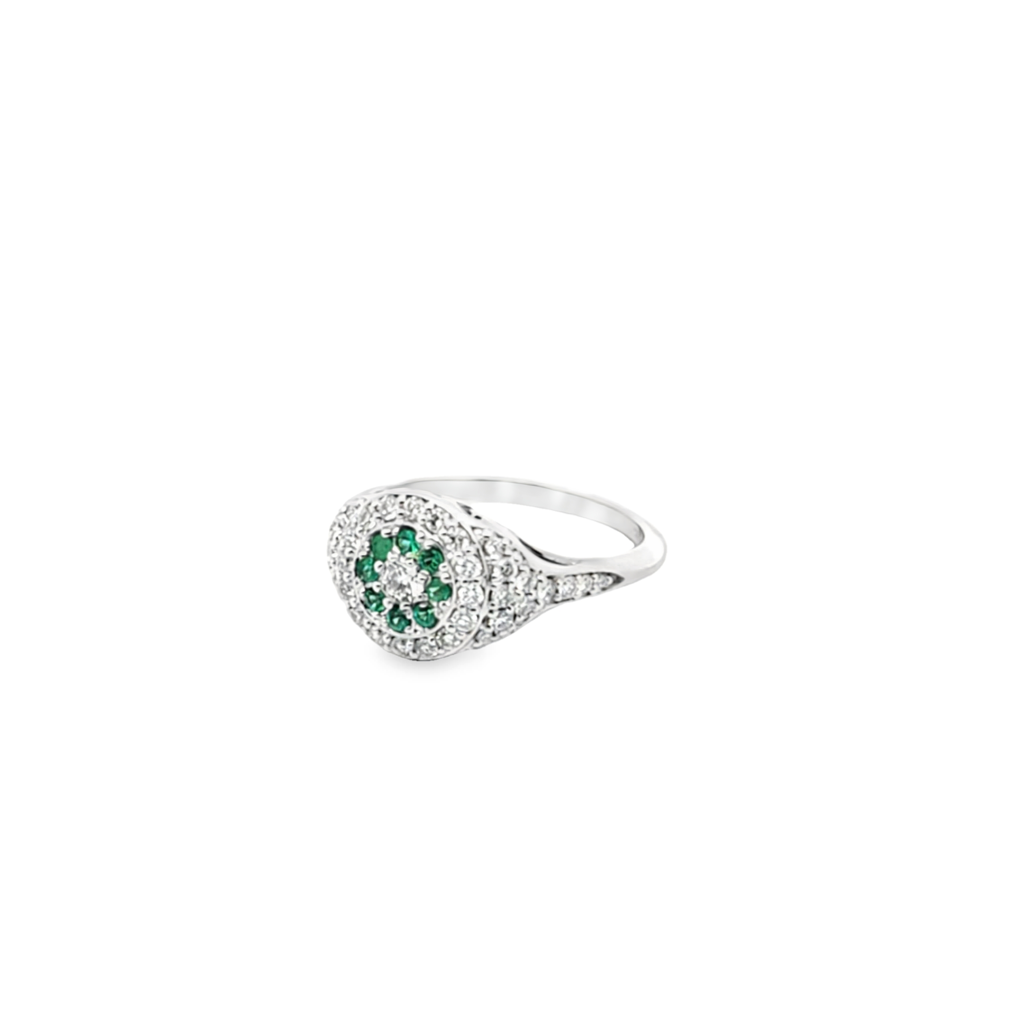 Gatsby Art Deco Ring in 18K white gold with diamonds and emeralds, vintage-inspired geometric design