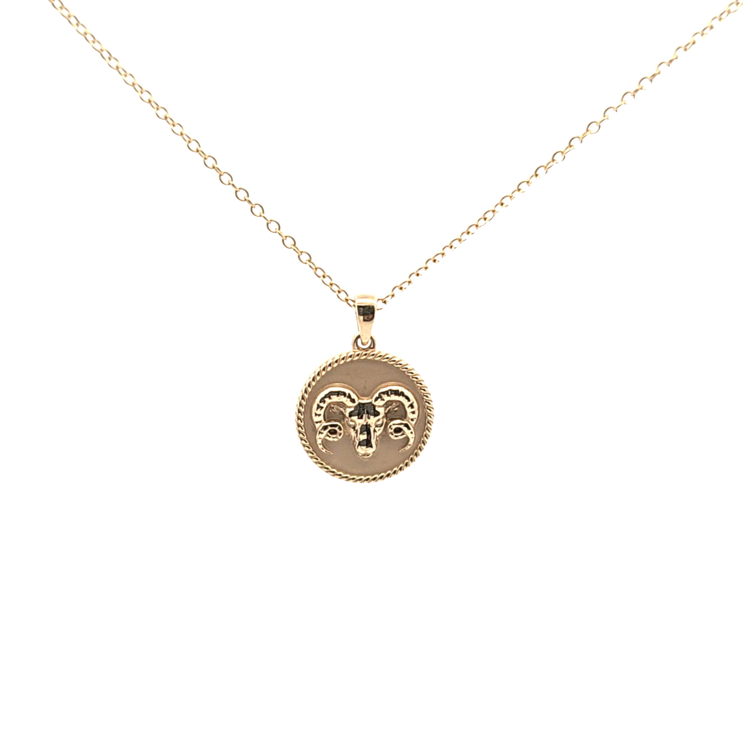 18K gold Zodiac Mini Medallion necklace with Aries sign and rope border on an 18-inch cable chain