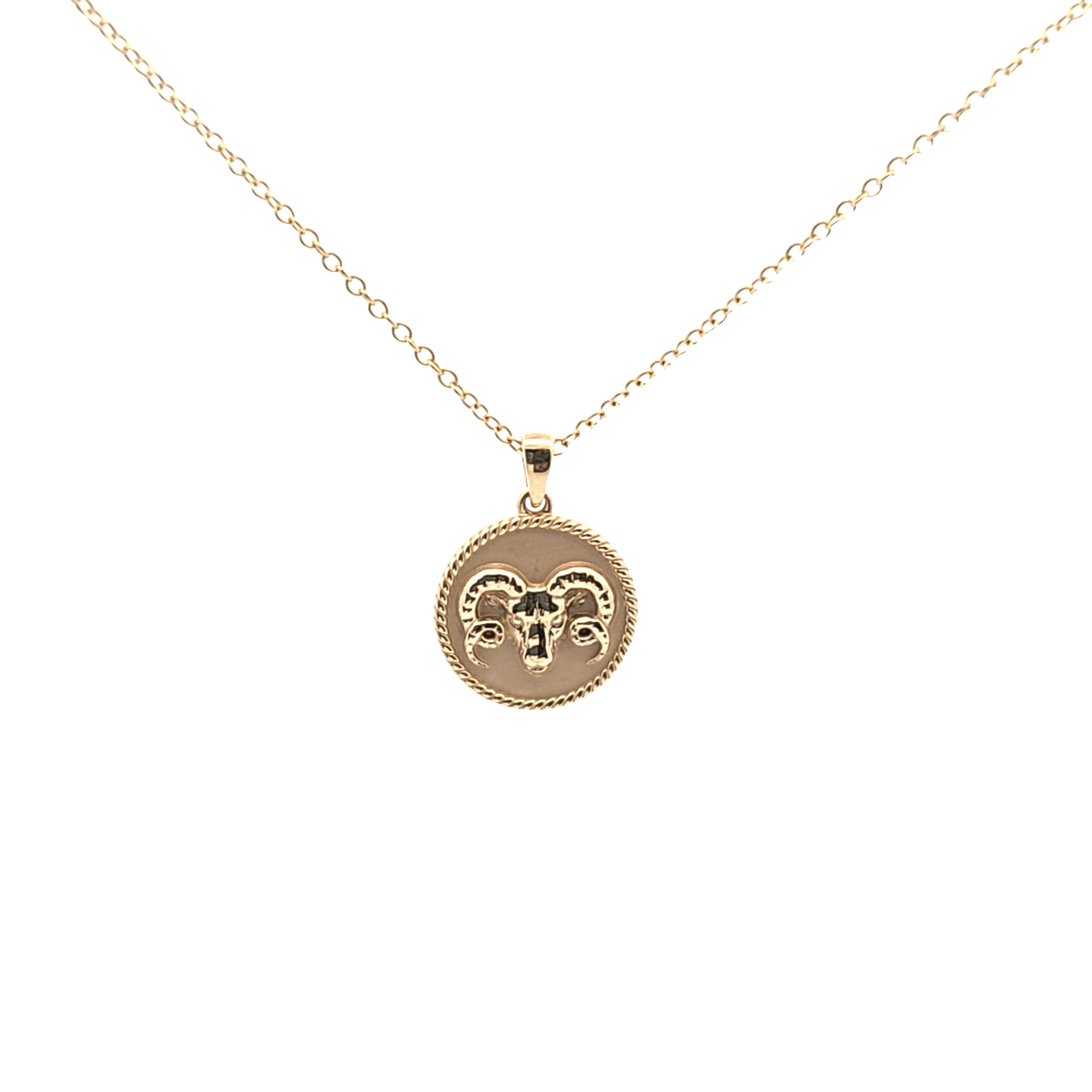 18K gold Zodiac Mini Medallion necklace with Aries sign and rope border on an 18-inch cable chain