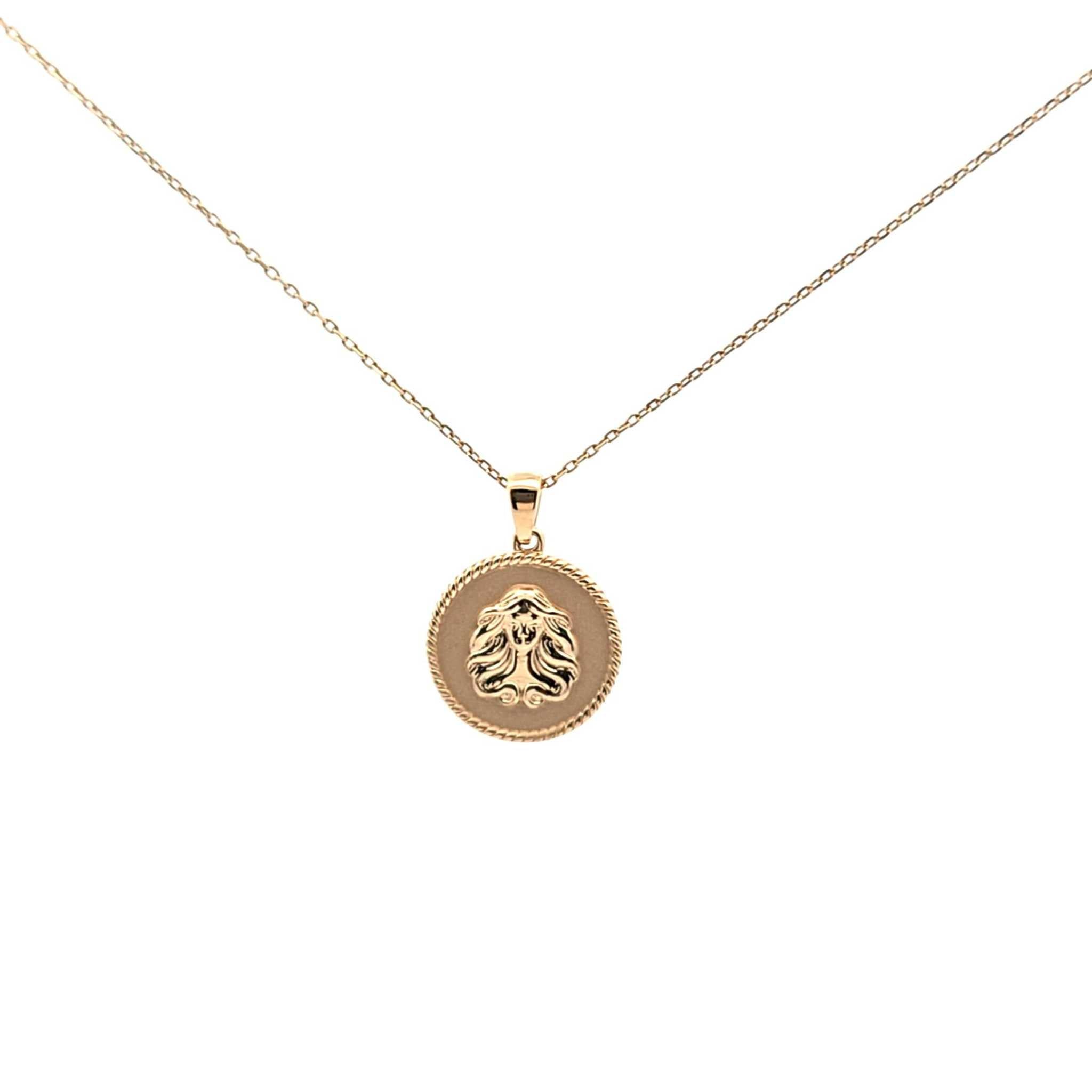 18K gold Zodiac Mini Medallion necklace with polished rope border and sandblasted background on 18-inch cable chain