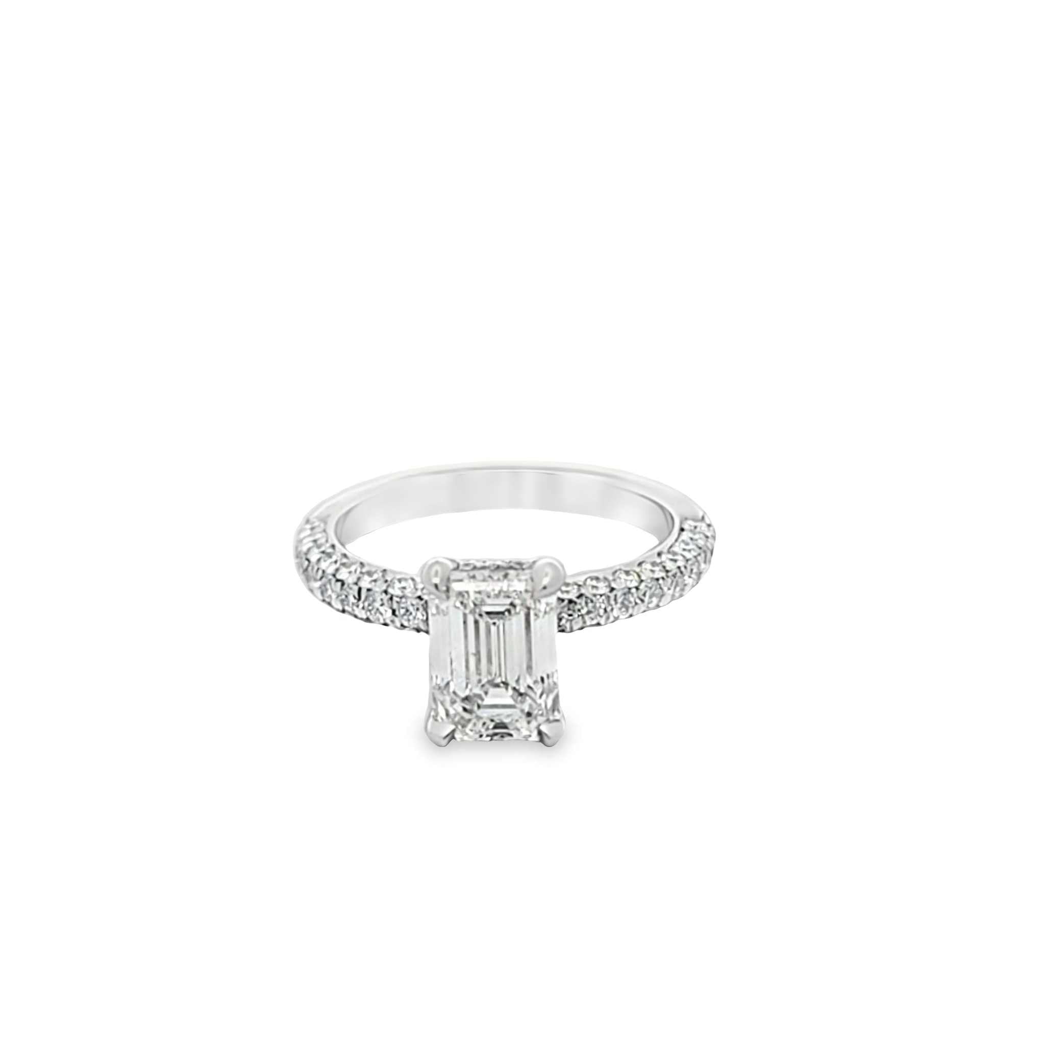 Aria Engagement Ring with 1.5ct emerald-cut diamond, platinum band, hidden halo, and three-row pavé diamonds totaling 2.89 carats