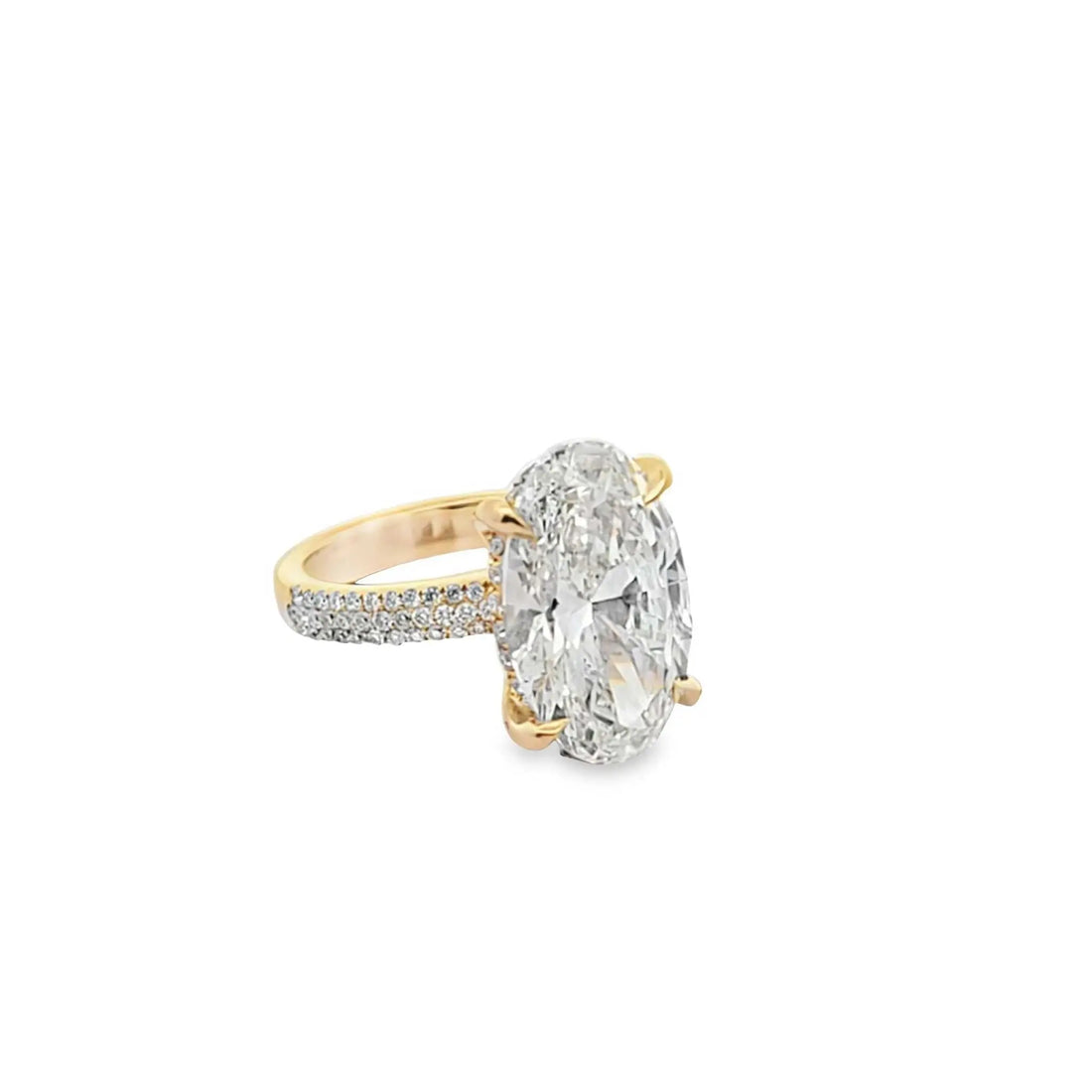 Chelsea Engagement Ring with 6ct oval-cut diamond, hidden halo, and three-row pavé diamond band
