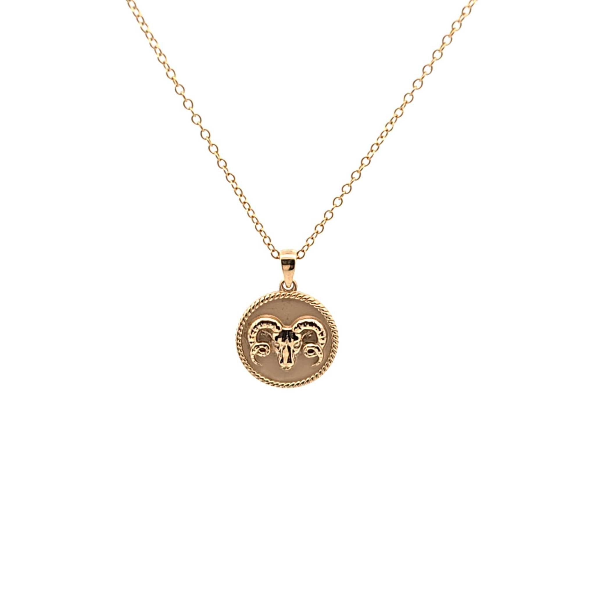 18K solid yellow gold Zodiac Charm necklace with polished rope border and sandblasted background featuring Aries zodiac symbol