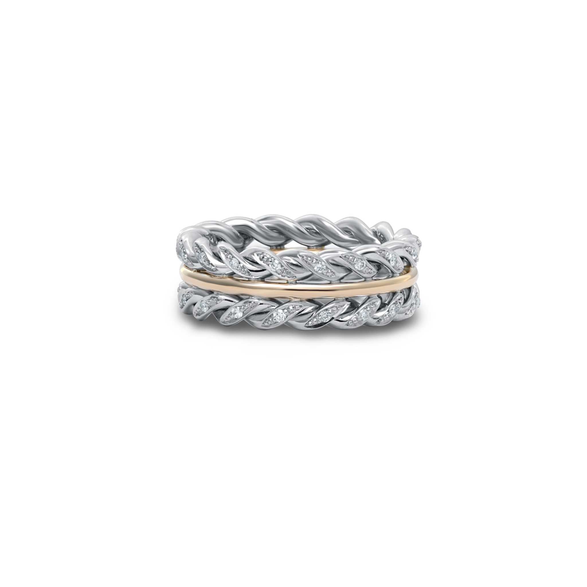 Braided two-toned band with platinum and 18K yellow gold featuring 0.55 carats diamonds and intricate design