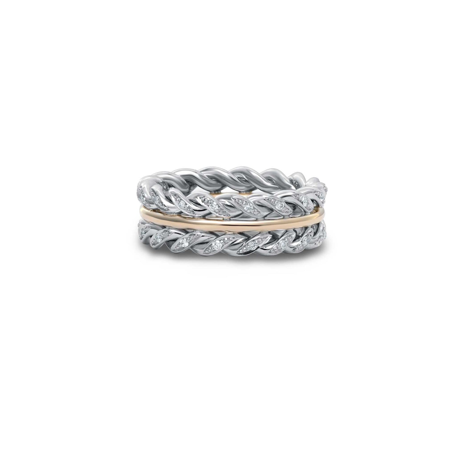 Braided two-toned band with platinum and 18K yellow gold featuring 0.55 carats diamonds and intricate design