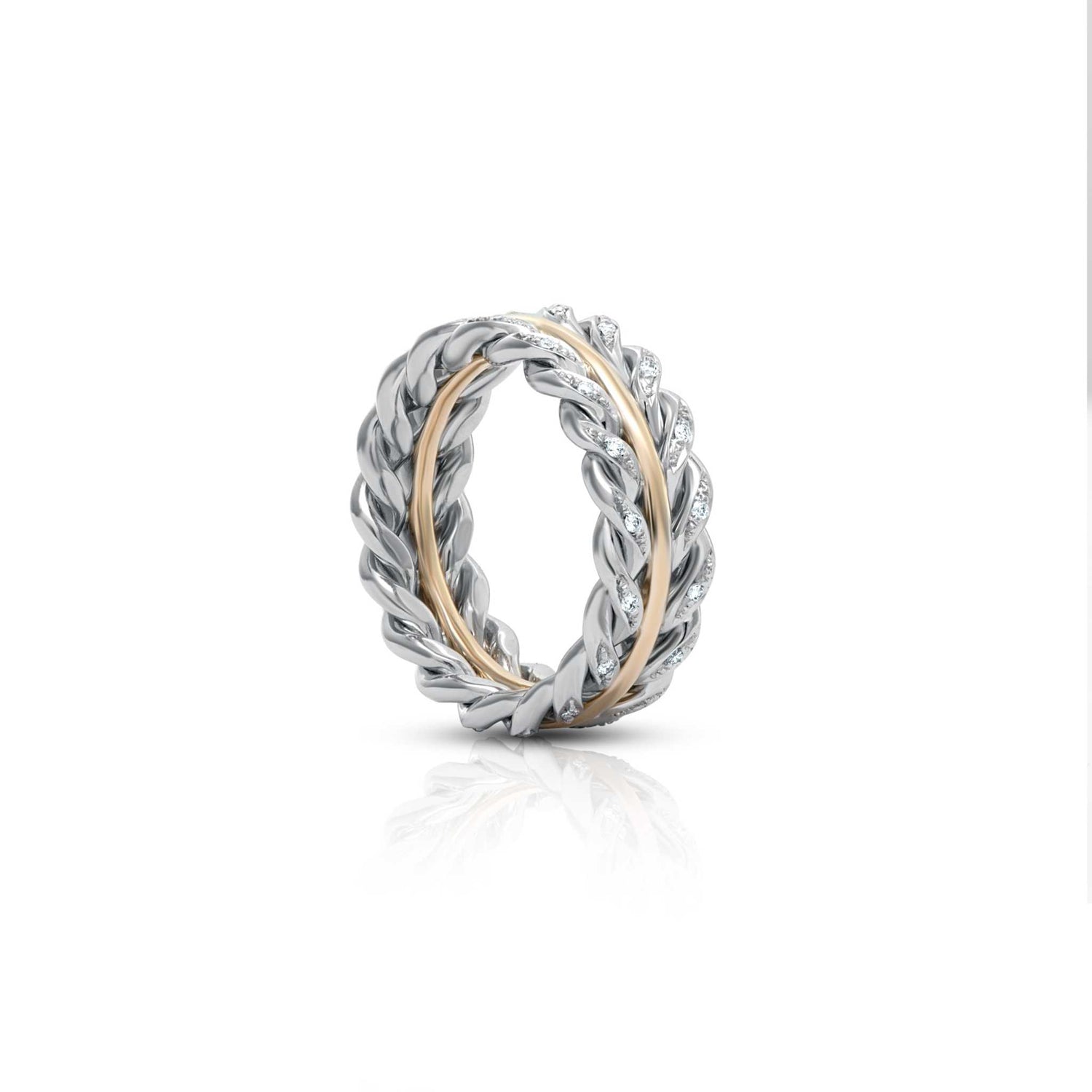 Braided two toned band with platinum and 18K yellow gold featuring 0.55 carats diamonds, polished finish, unisex wedding ring