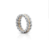 Braided two toned band with platinum and 18K yellow gold featuring 0.55 carats diamonds, polished finish, unisex wedding ring