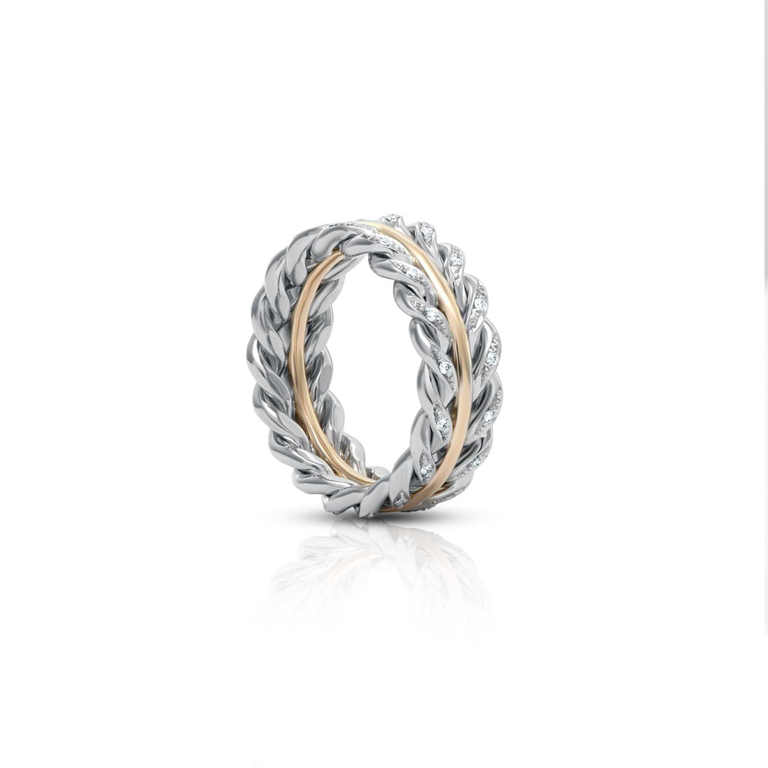 Braided two-toned band with platinum and 18K yellow gold featuring 0.55 carats of FG VS1 diamonds