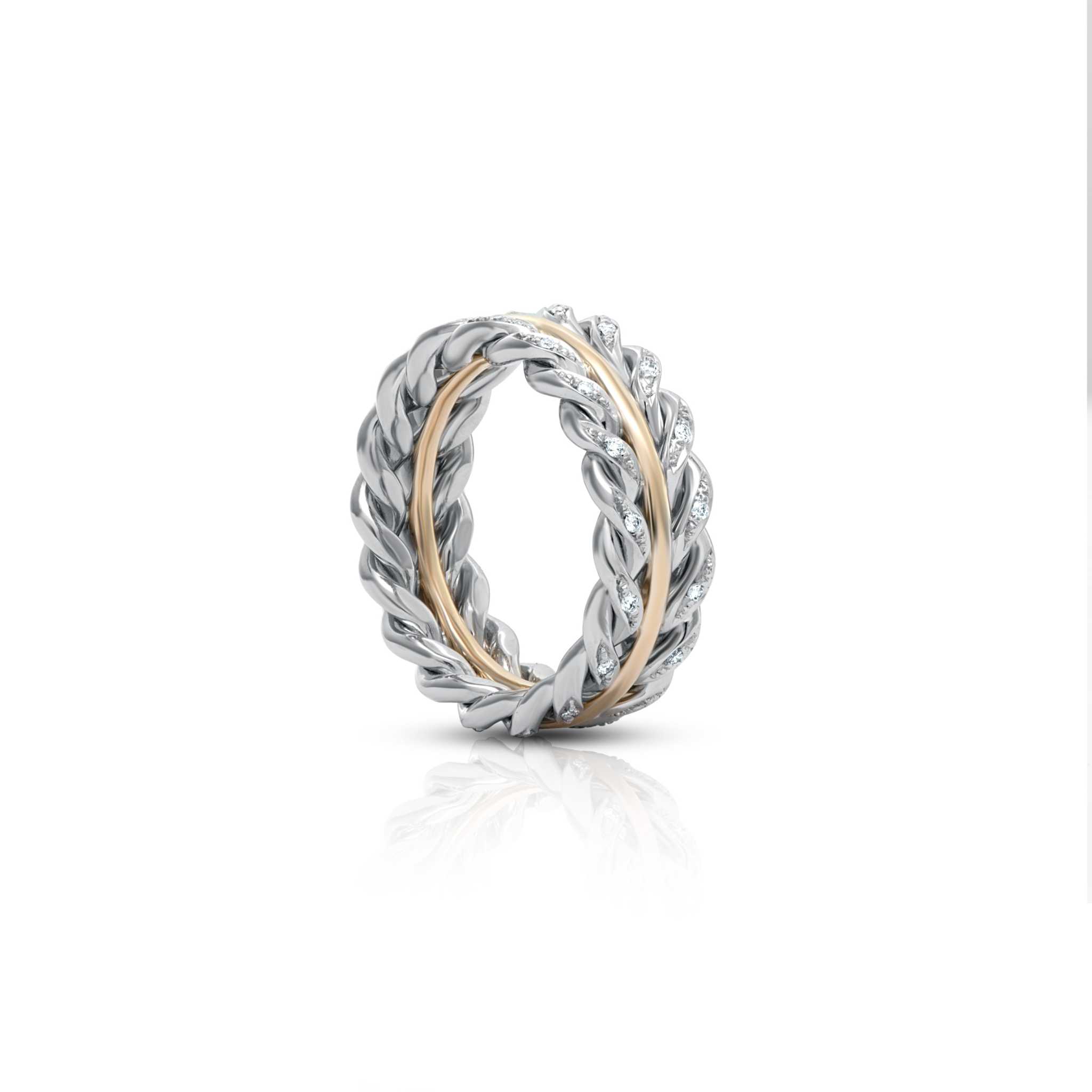 Braided two-toned band with platinum and 18K yellow gold featuring 0.55 carats of FG VS1 diamonds