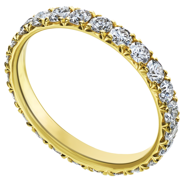 Ellie Wedding Band in 18k yellow gold with 0.38 carats of VS natural diamonds in a fishtail setting.