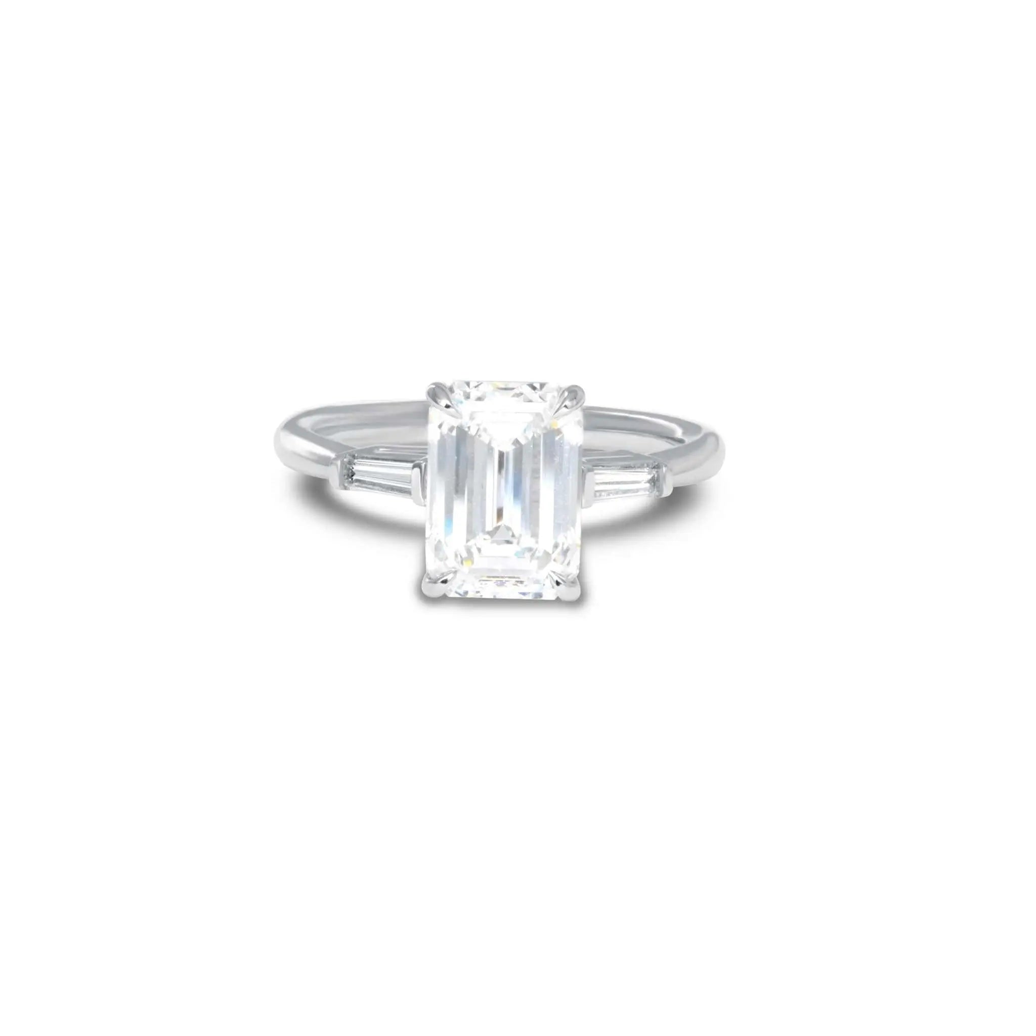 Meira Three Stone Engagement Ring with 2-carat emerald-cut diamond and FG VS baguette diamonds totaling 1.01 carats