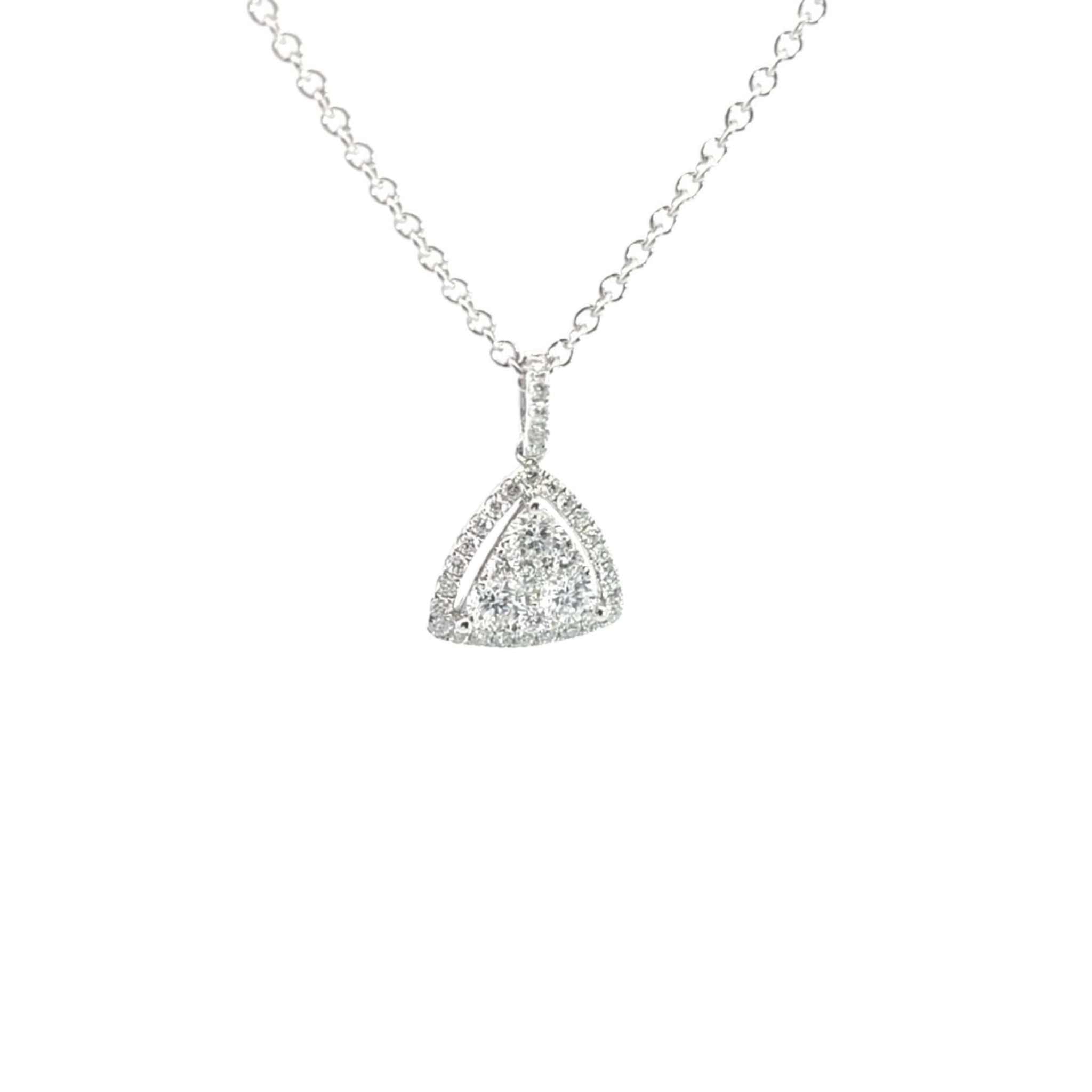 Amelia Diamond Triangle Necklace in 14K white gold with halo pavé diamonds