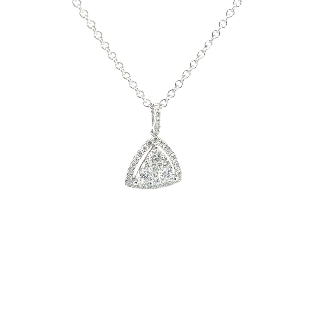 Amelia Diamond Triangle Necklace in 14K white gold with radiant round diamonds and halo pavé setting