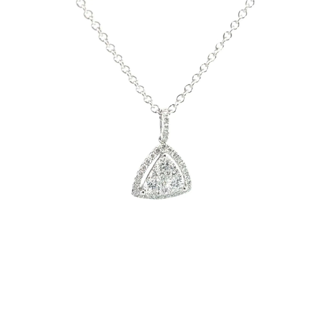 Amelia Diamond Triangle Necklace in 14K white gold with radiant round diamonds and halo pavé setting