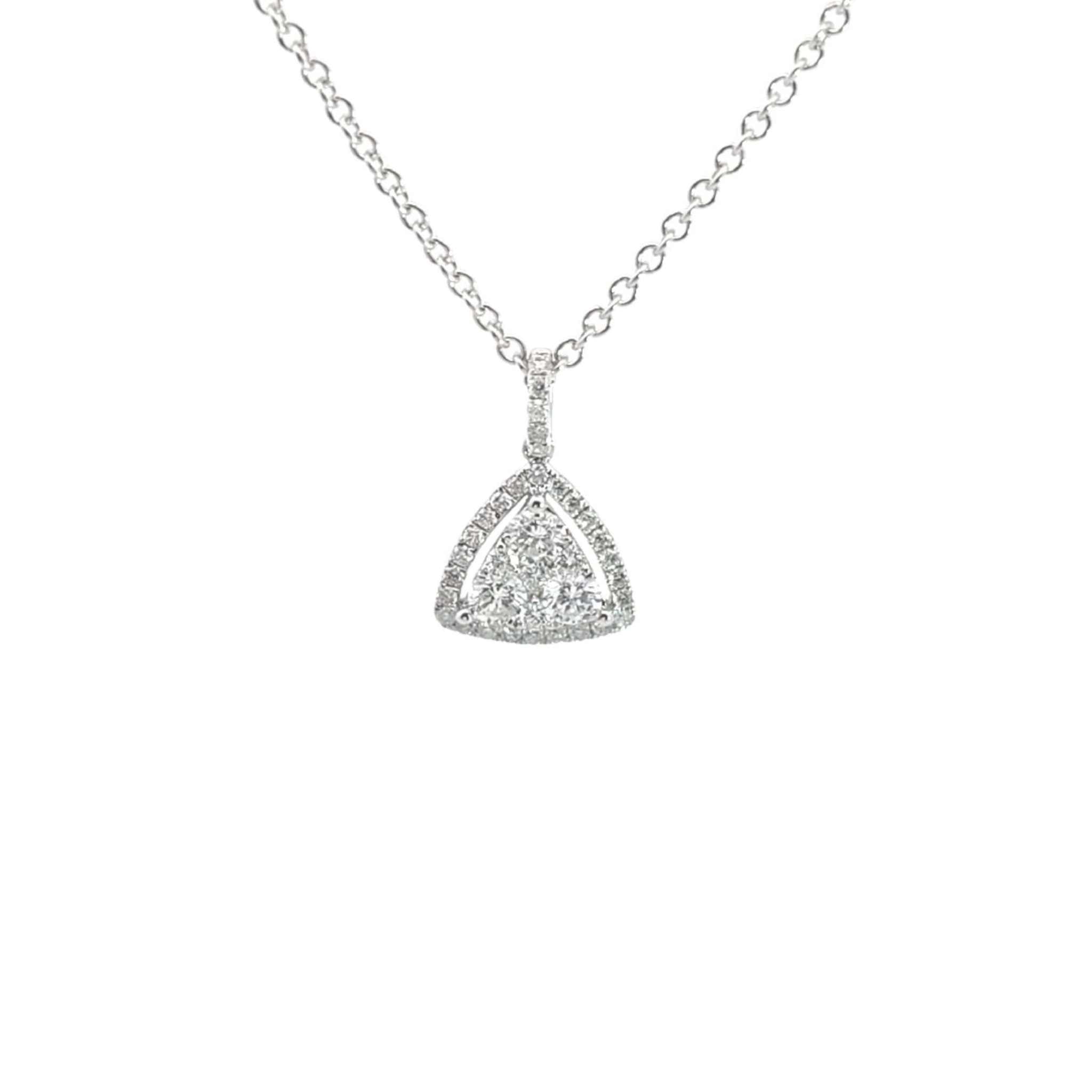 Amelia Diamond Triangle Necklace with 0.79 carat diamonds in 14K white gold halo pavé setting