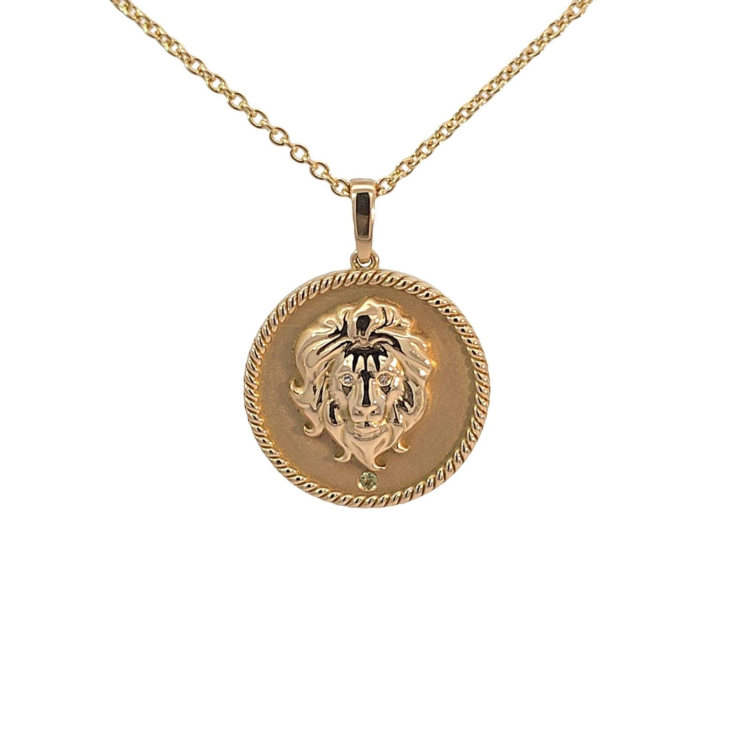 18K gold Zodiac Medallion necklace with lion sign and birthstone pendant on cable chain