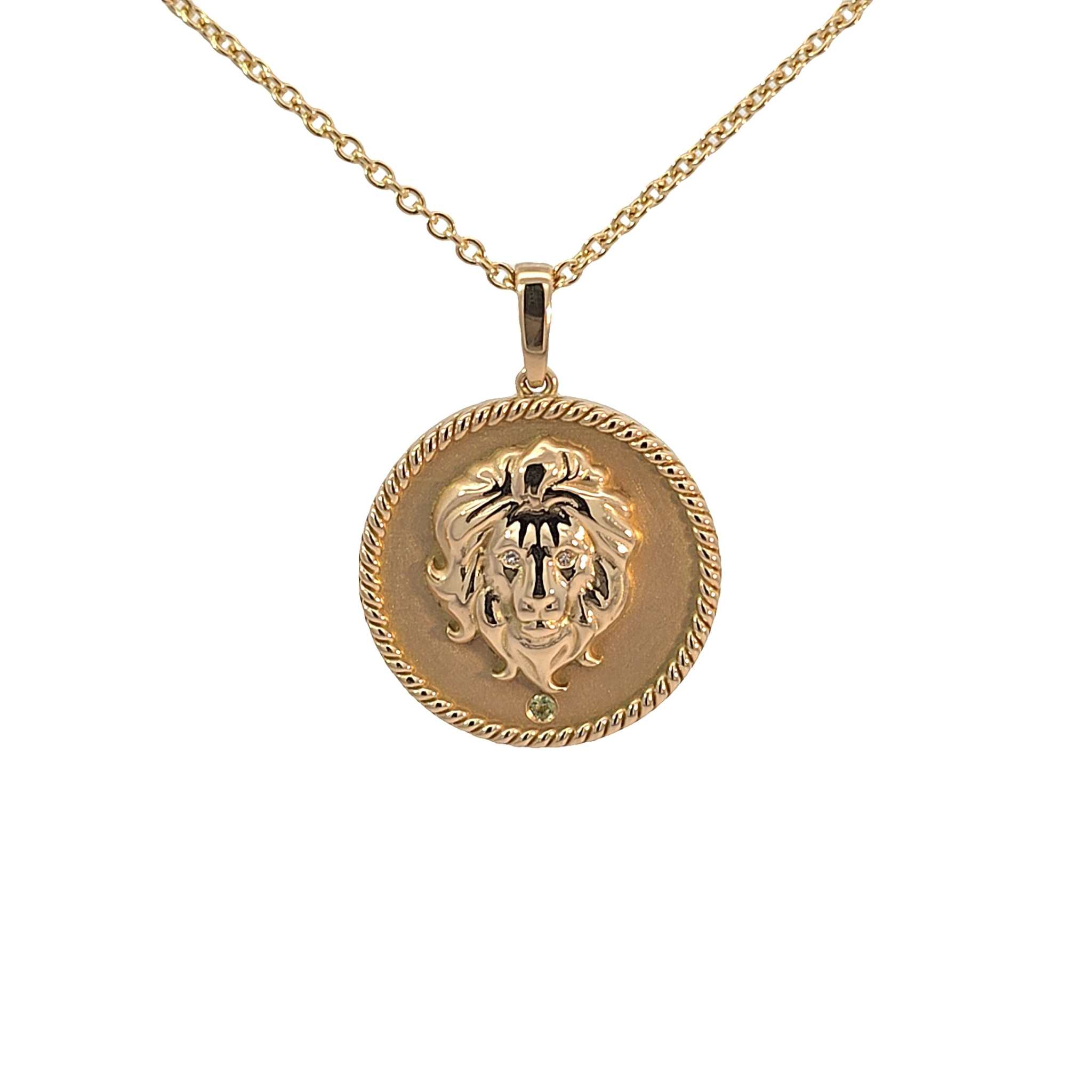 18K gold Zodiac Medallion necklace with lion sign and birthstone pendant on cable chain