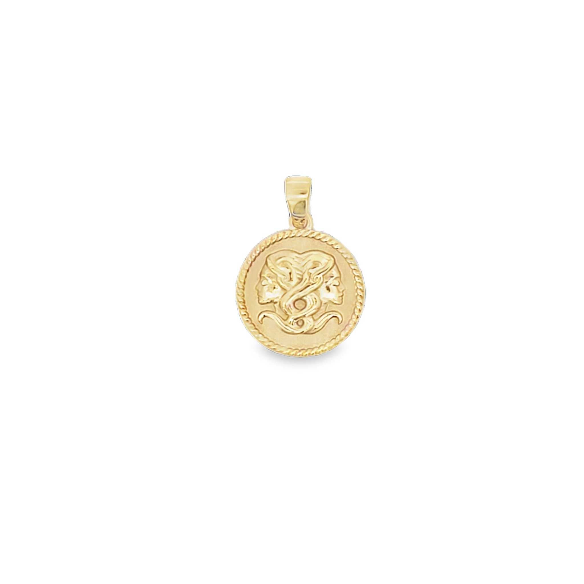 18K solid yellow gold Zodiac Charm pendant with polished rope border and sandblasted background showcasing Gemini zodiac symbol