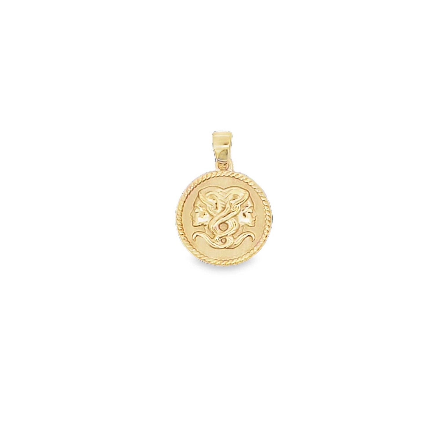 18K solid yellow gold Zodiac Charm pendant with polished rope border and sandblasted background showcasing Gemini zodiac symbol