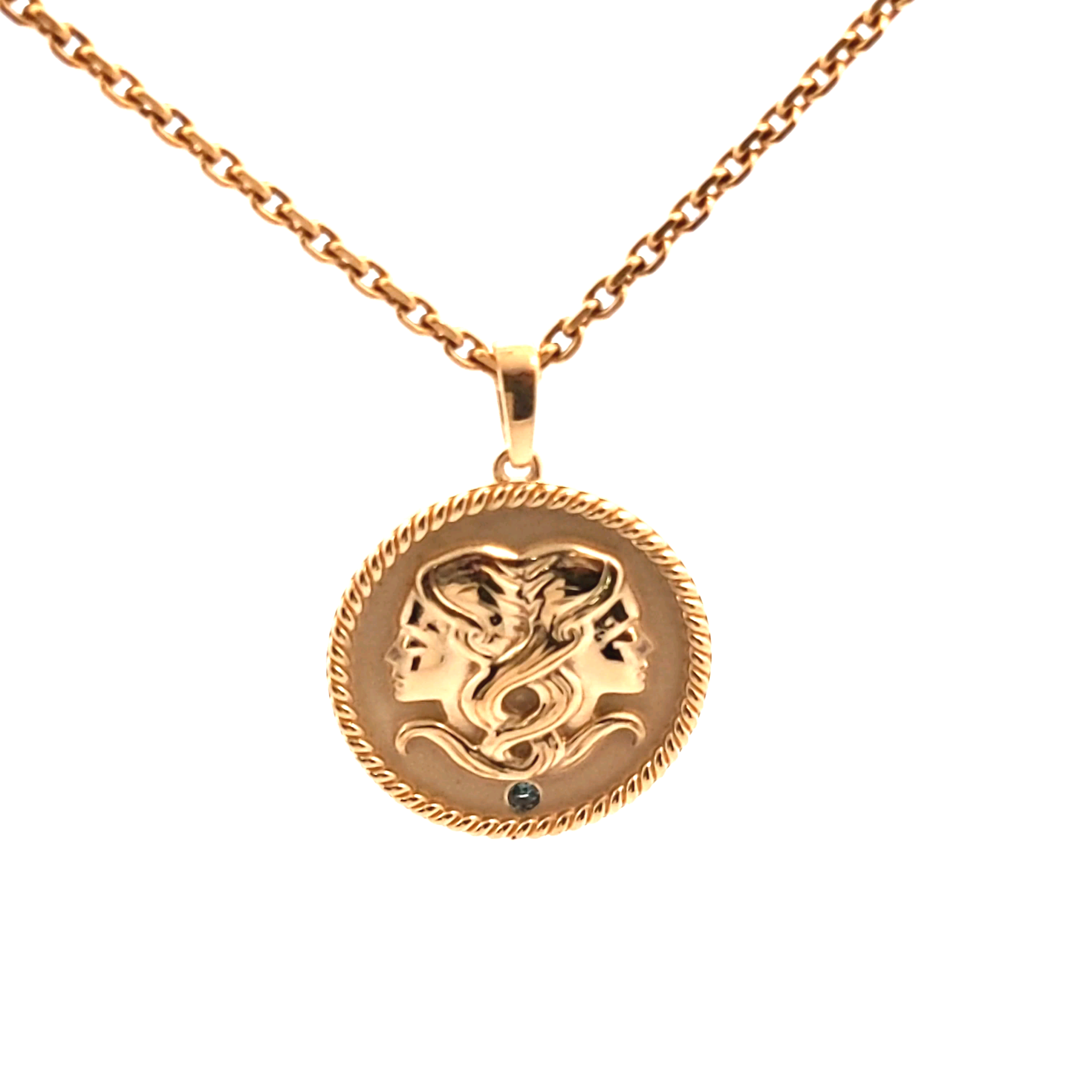 18K gold Zodiac Medallion necklace with polished rope border and birthstone pendant on cable chain