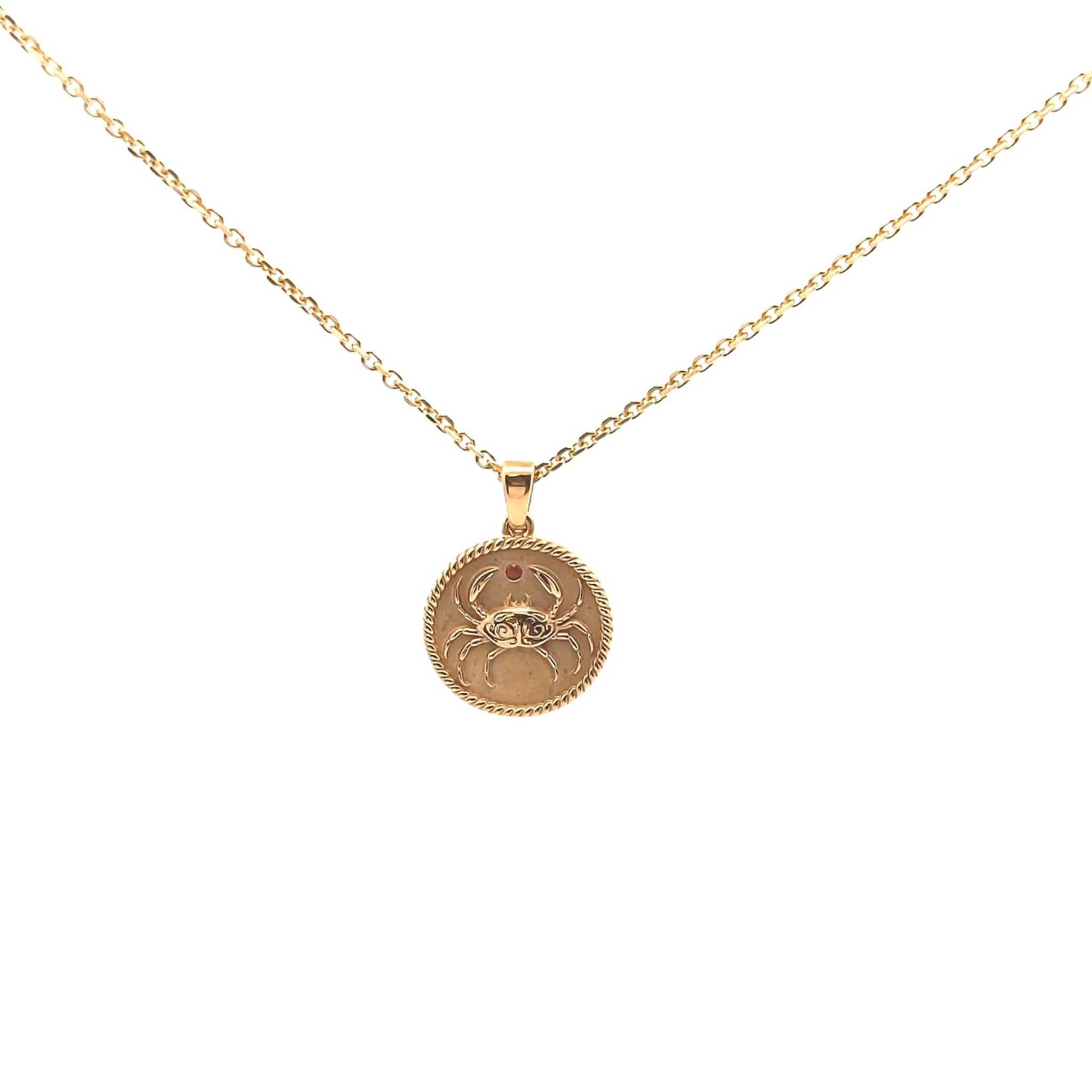 18K gold Zodiac Mini Medallion necklace with crab zodiac sign and rope border on an 18-inch cable chain