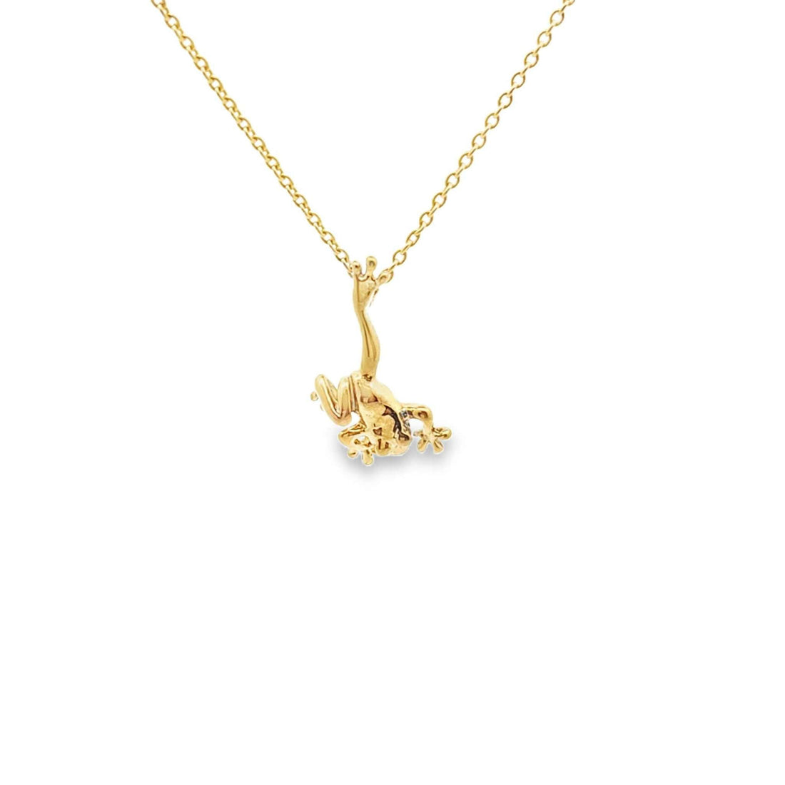 18K gold Leaping Frog necklace on 16-inch cable chain symbolizing wealth and good luck