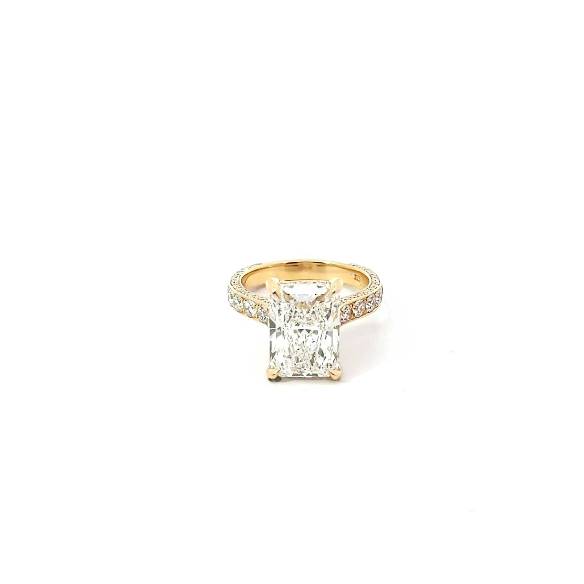 Juliana Engagement Ring with radiant cut diamond, 18K gold and platinum band, three-row pavé diamonds, elegant and sparkling design