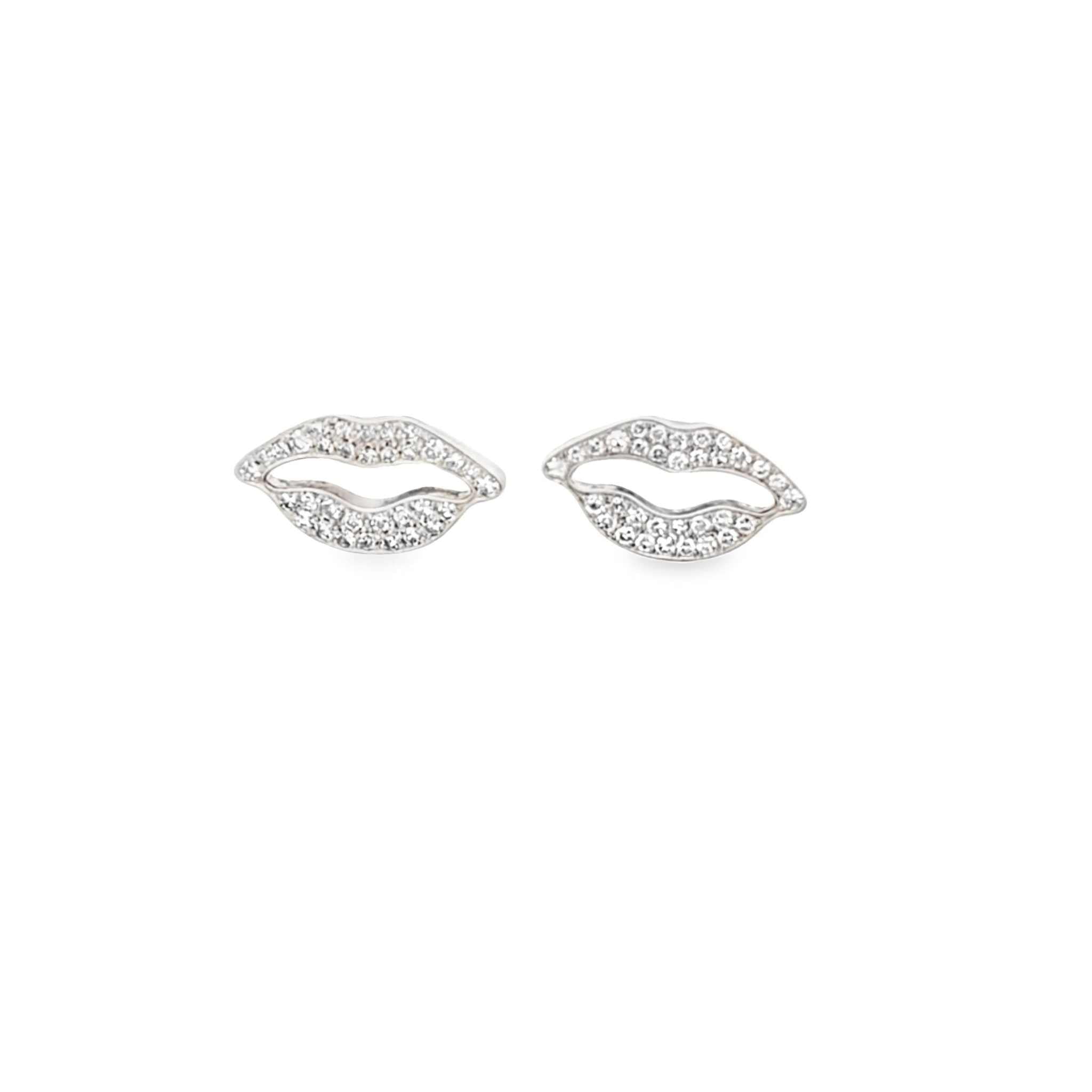 Silver Kiss Earrings shaped like lips, adorned with 0.35 carat VS1 diamonds, elegant and romantic jewelry accessory.