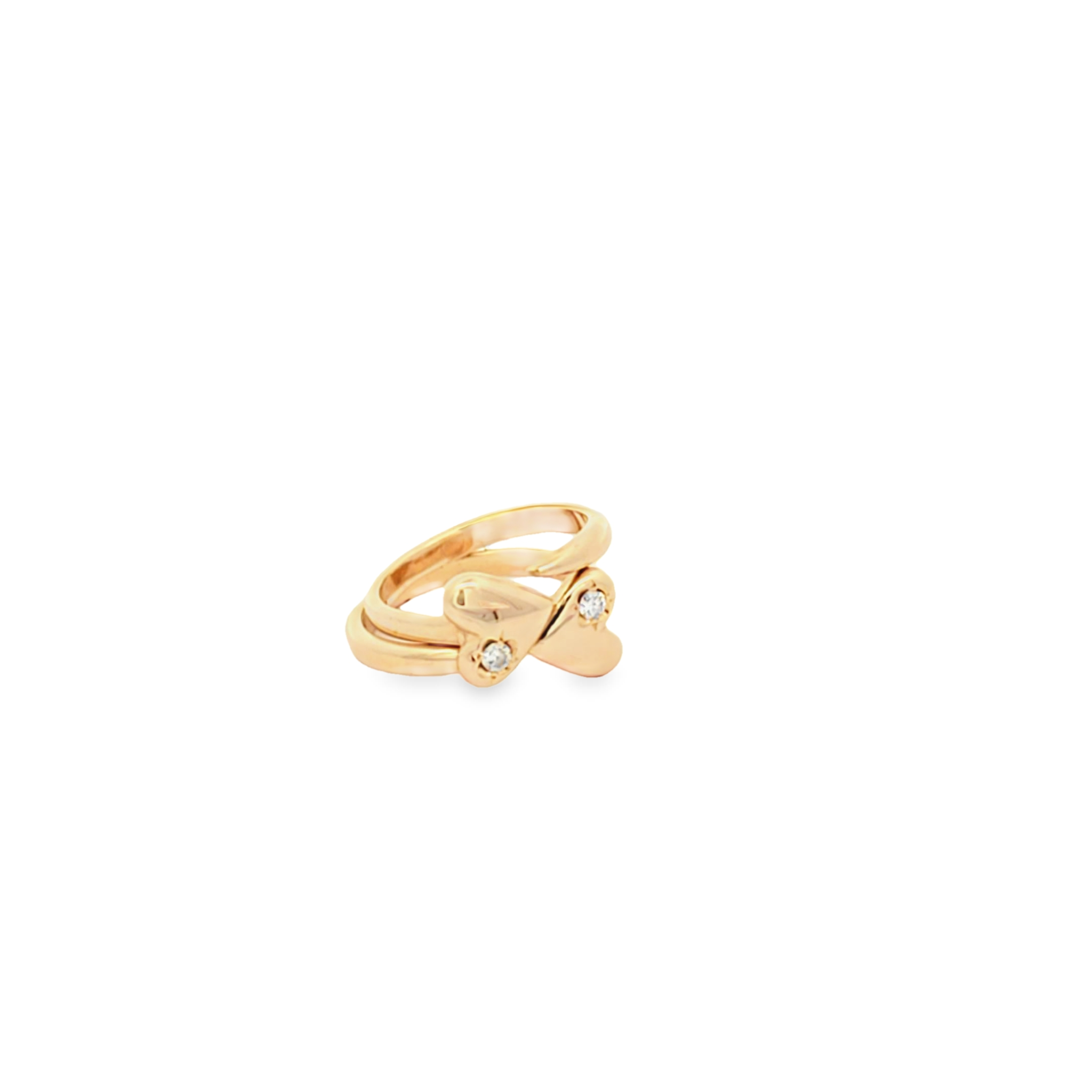 18K yellow gold Lover Rings with entwined hearts and 2.1mm VS1 natural diamonds, handcrafted in NYC.