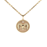 18K gold Zodiac Medallion with Aries symbol and birthstone on cable chain