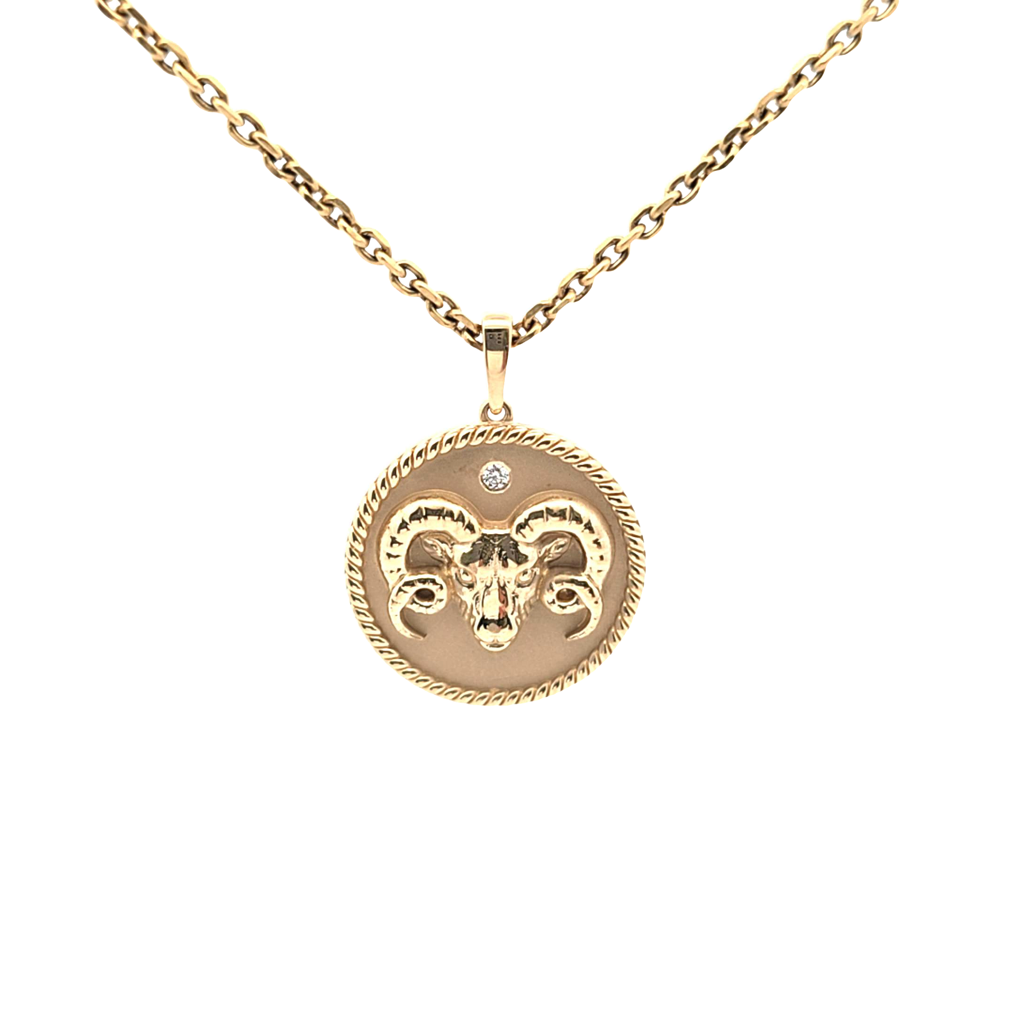 18K gold Zodiac Medallion with Aries symbol and birthstone on cable chain