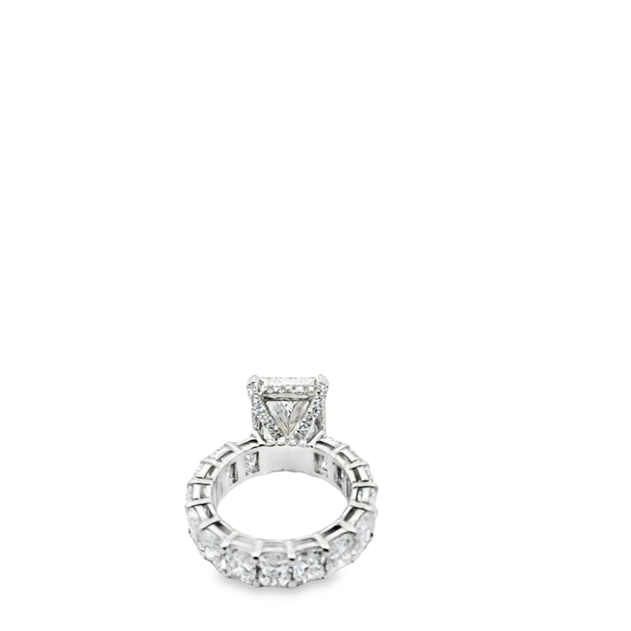 Aiden Engagement Ring with radiant-cut center diamond and eternity band featuring 5.9 carats of diamonds and hidden halo design
