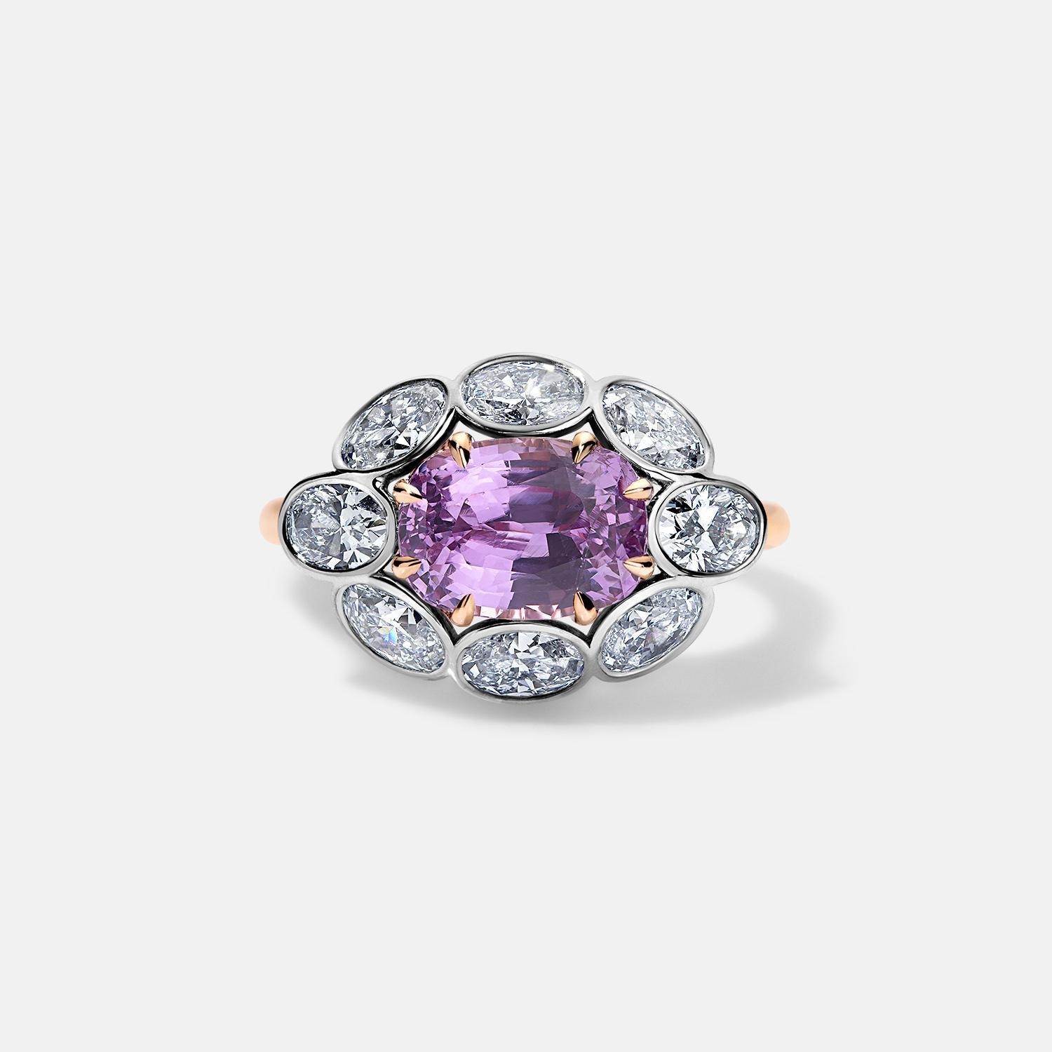 Sami Pink Sapphire and Diamond ring with cushion-cut pink sapphire and surrounding diamonds in rose and white gold