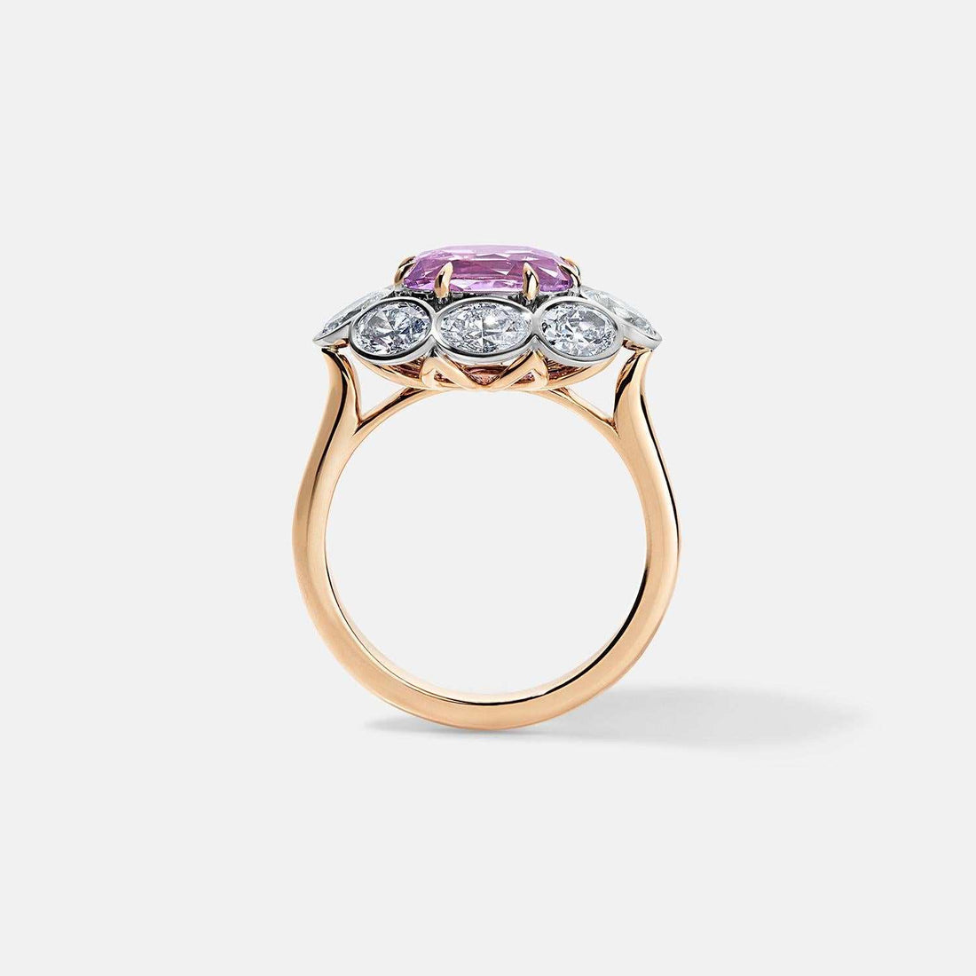 Sami Pink Sapphire and Diamond ring in 18K rose and white gold with 3.18-carat cushion-cut Ceylon pink sapphire and 1.6 carats FG VS1 diamonds