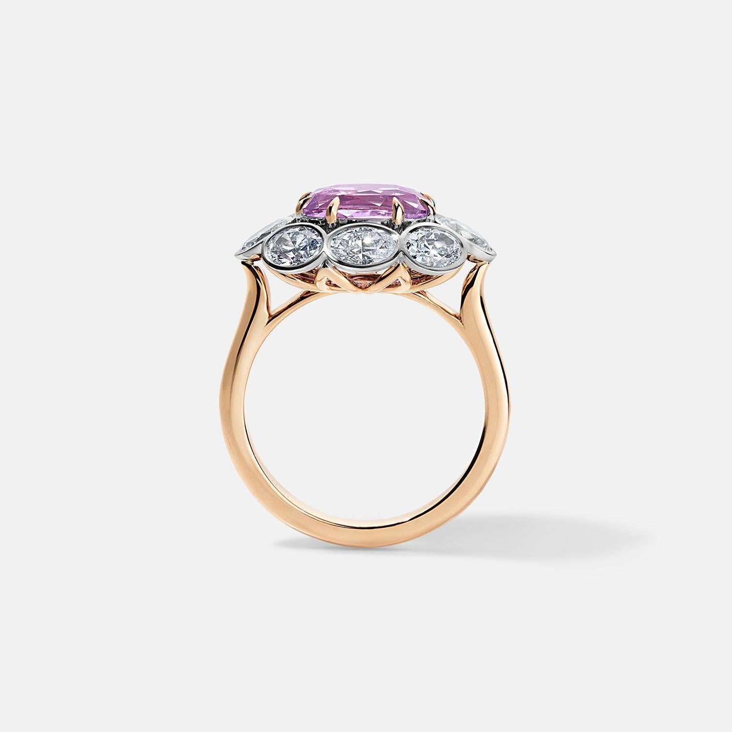 Sami Pink Sapphire and Diamond ring in 18K rose and white gold with 3.18-carat cushion-cut Ceylon pink sapphire and 1.6 carats FG VS1 diamonds