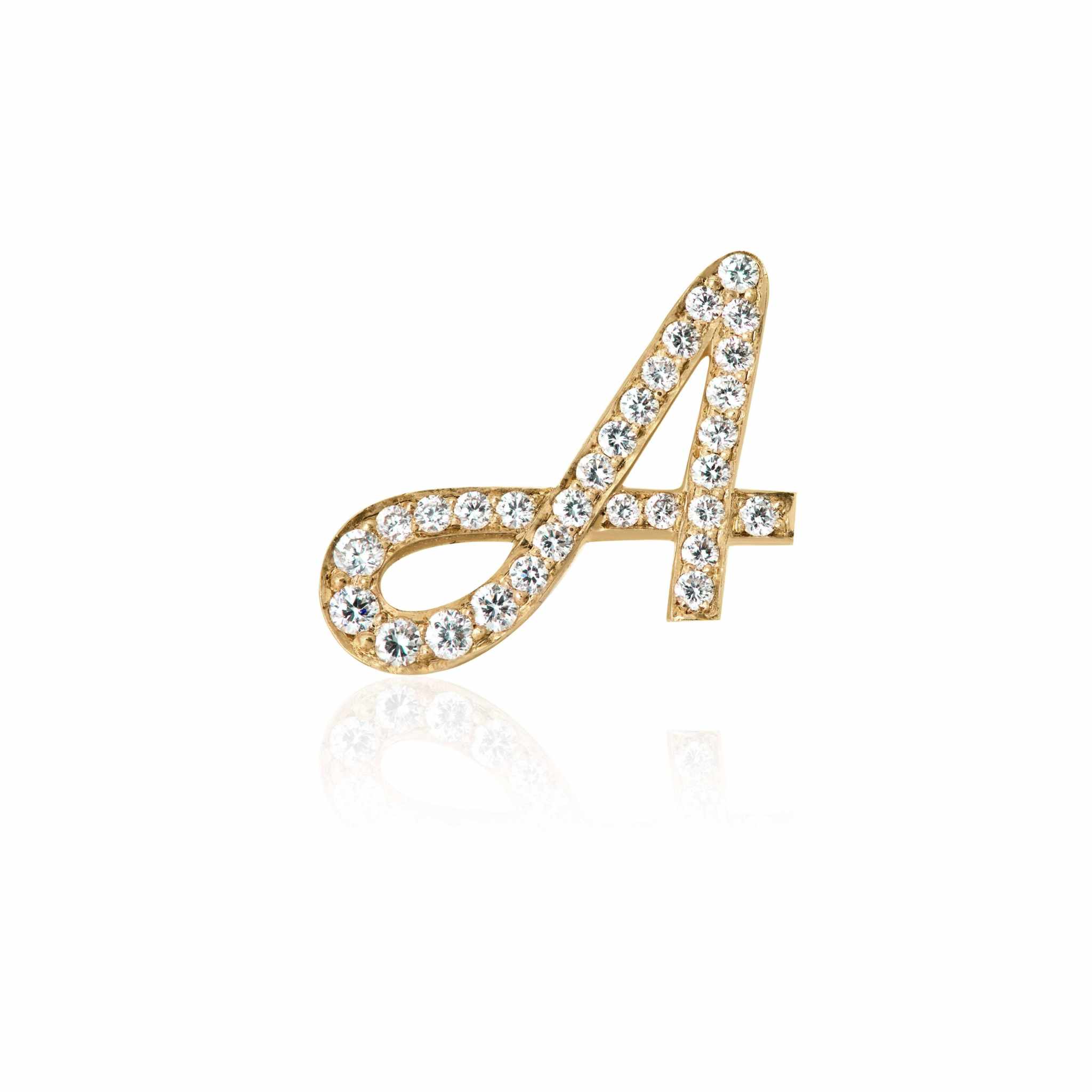 Gold Diamond Initial Necklace pendant with pavé diamonds, 18K gold, letter A design.