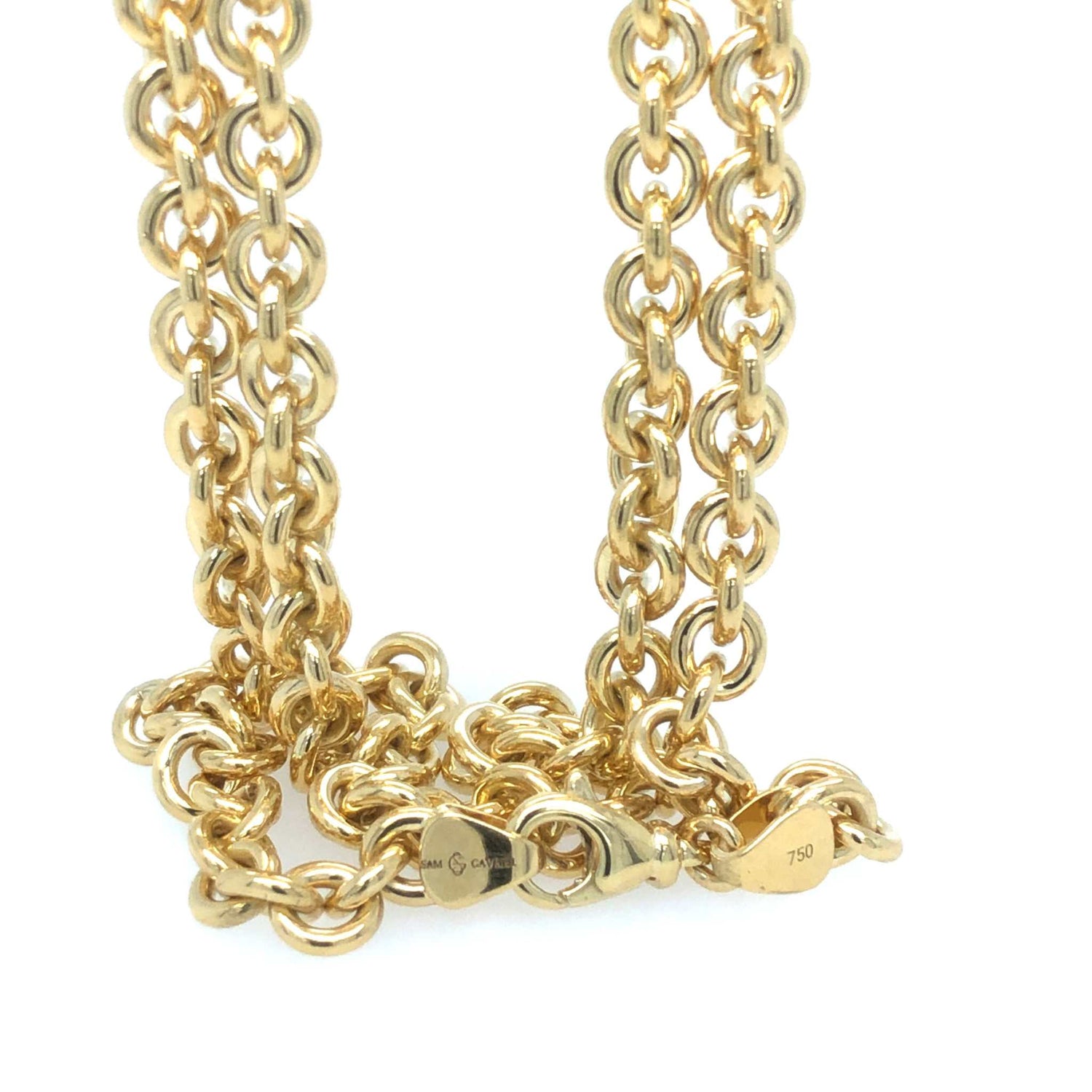 18K solid yellow gold cable chain necklace with lobster clasp, 25 inches long and 5.2mm wide, handcrafted in New York City