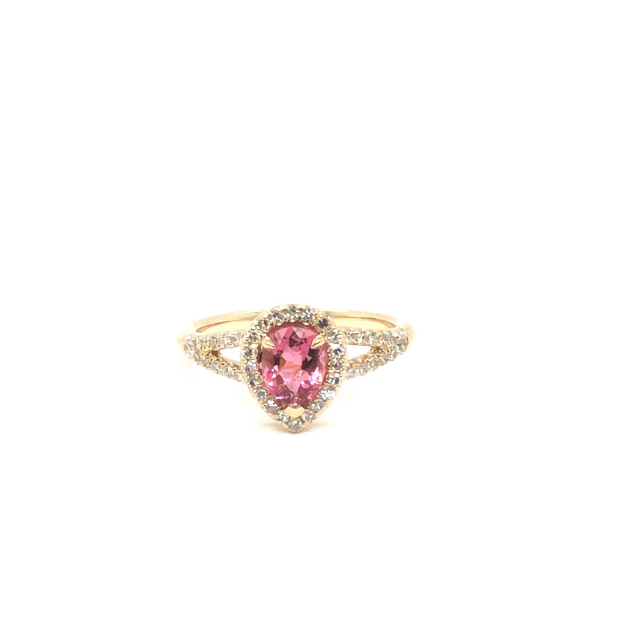 Gigi Alternative Engagement Ring with pink tourmaline center and diamond halo in gold setting